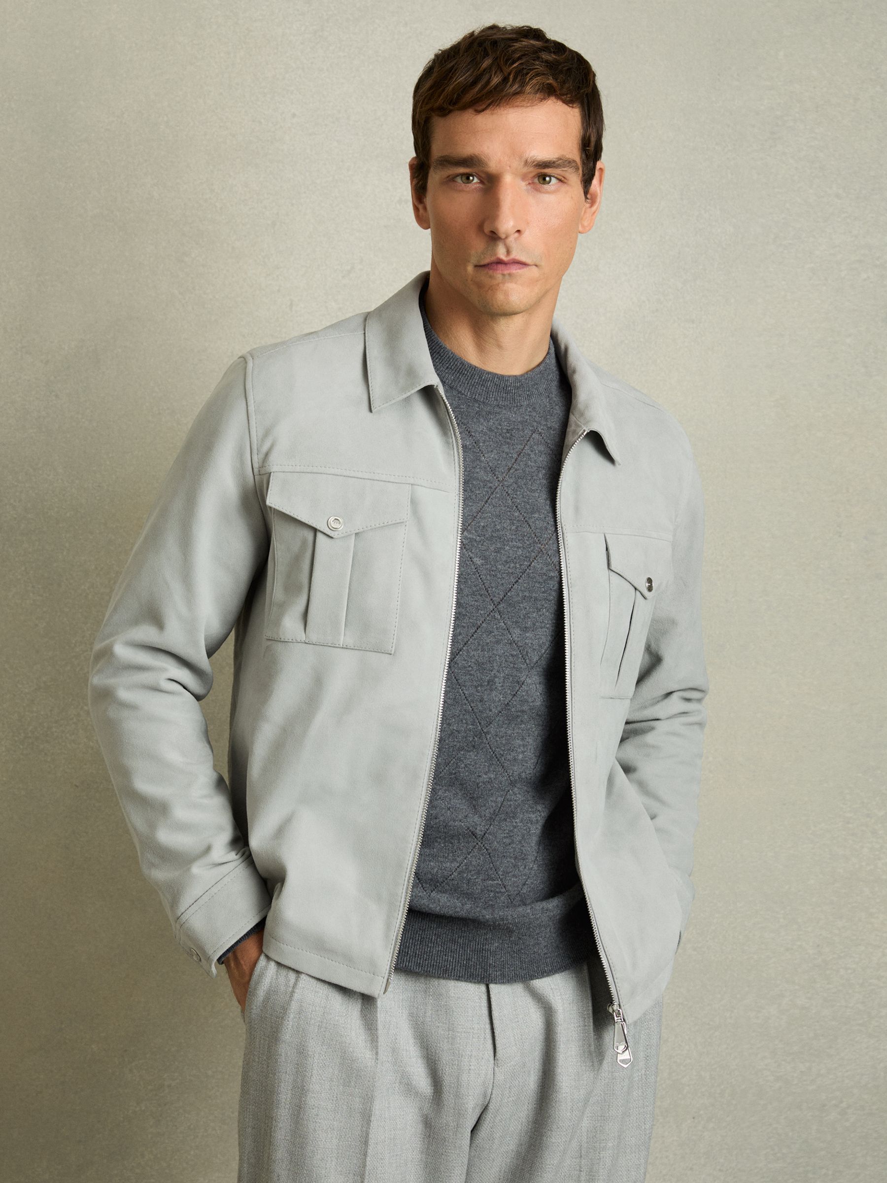 Suede Zip-Through Jacket in Soft Blue