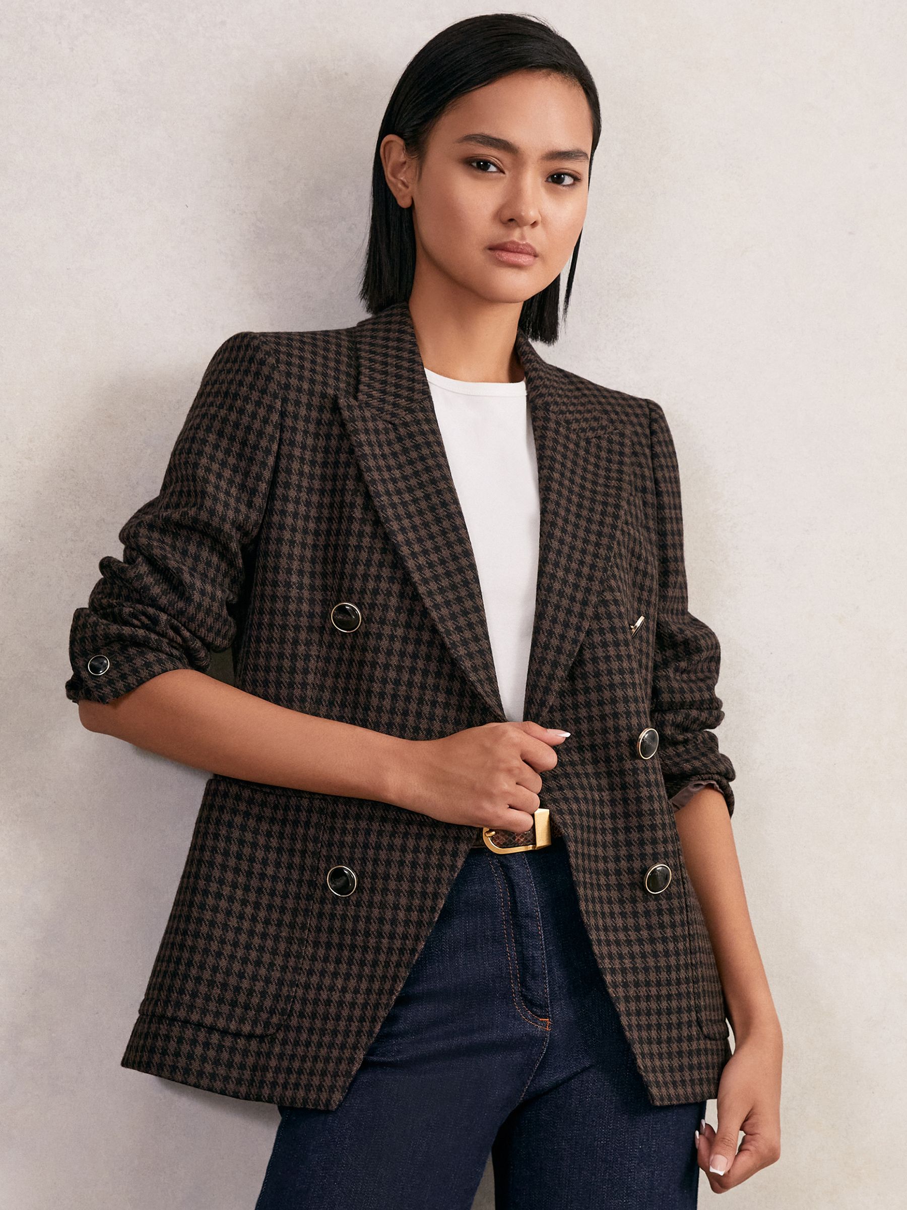 Wool-Blend Double-Breasted Check Blazer in Brown Check