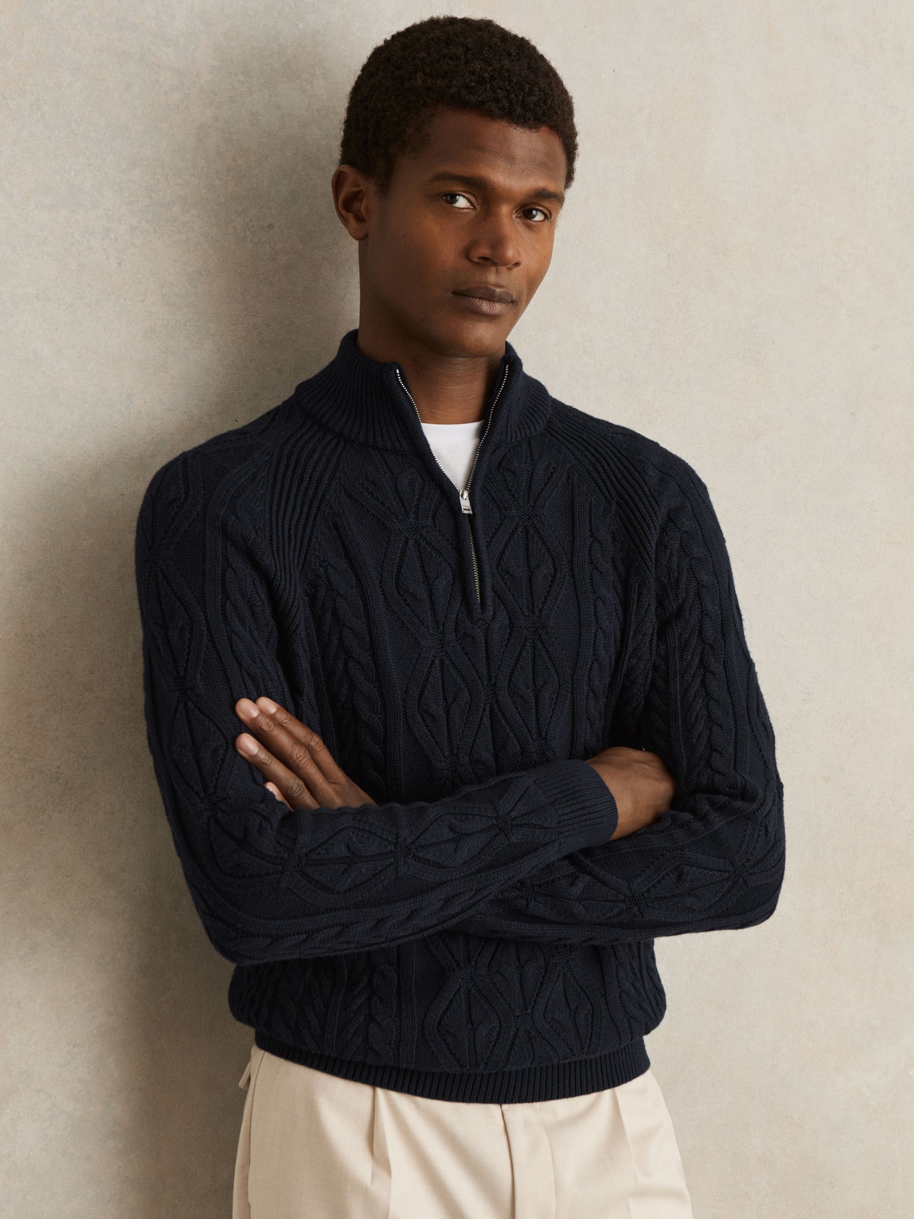 Cable-Knit Half-Zip Jumper in Navy