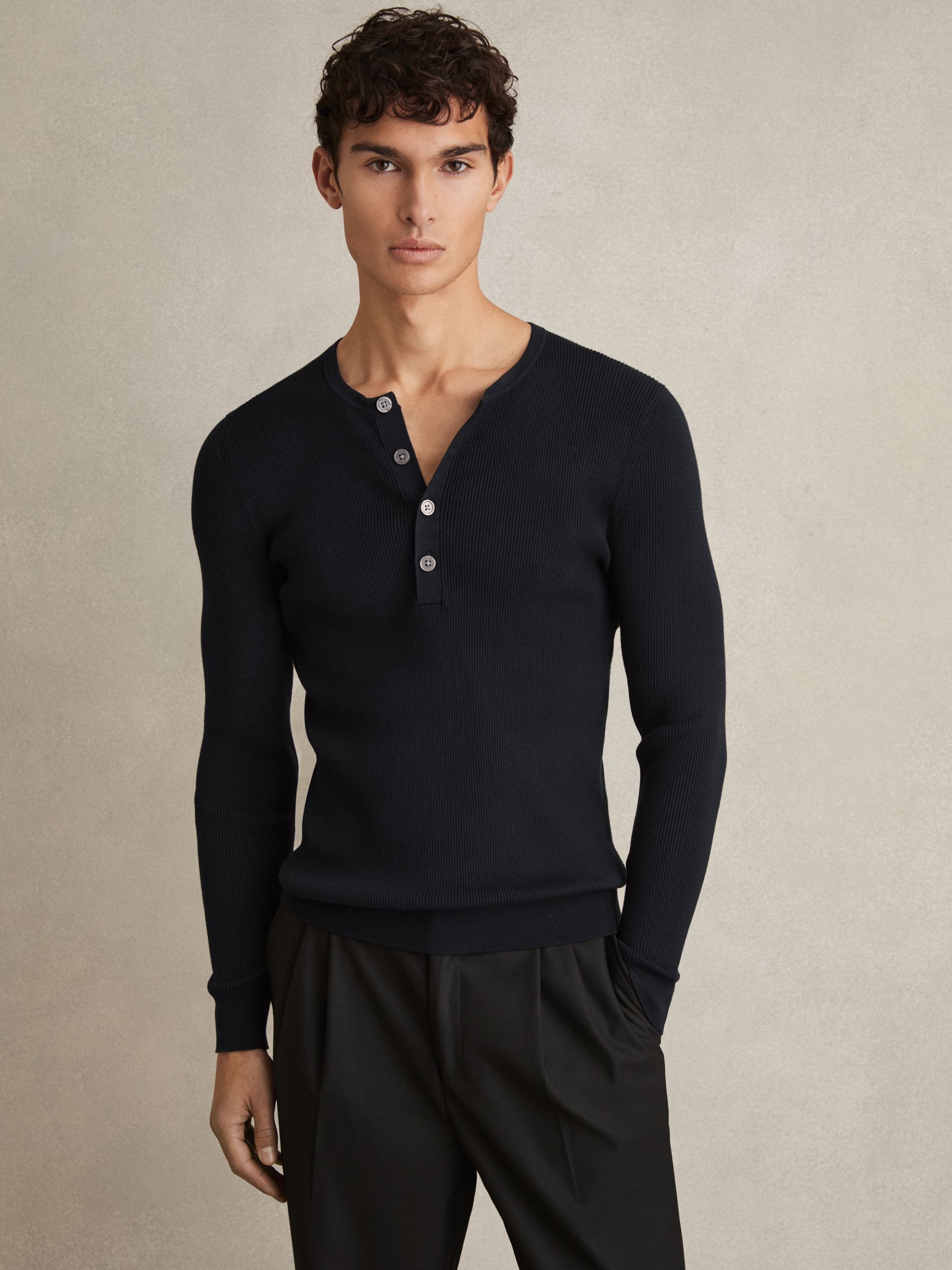 Rib Knit Henley Jumper in Navy