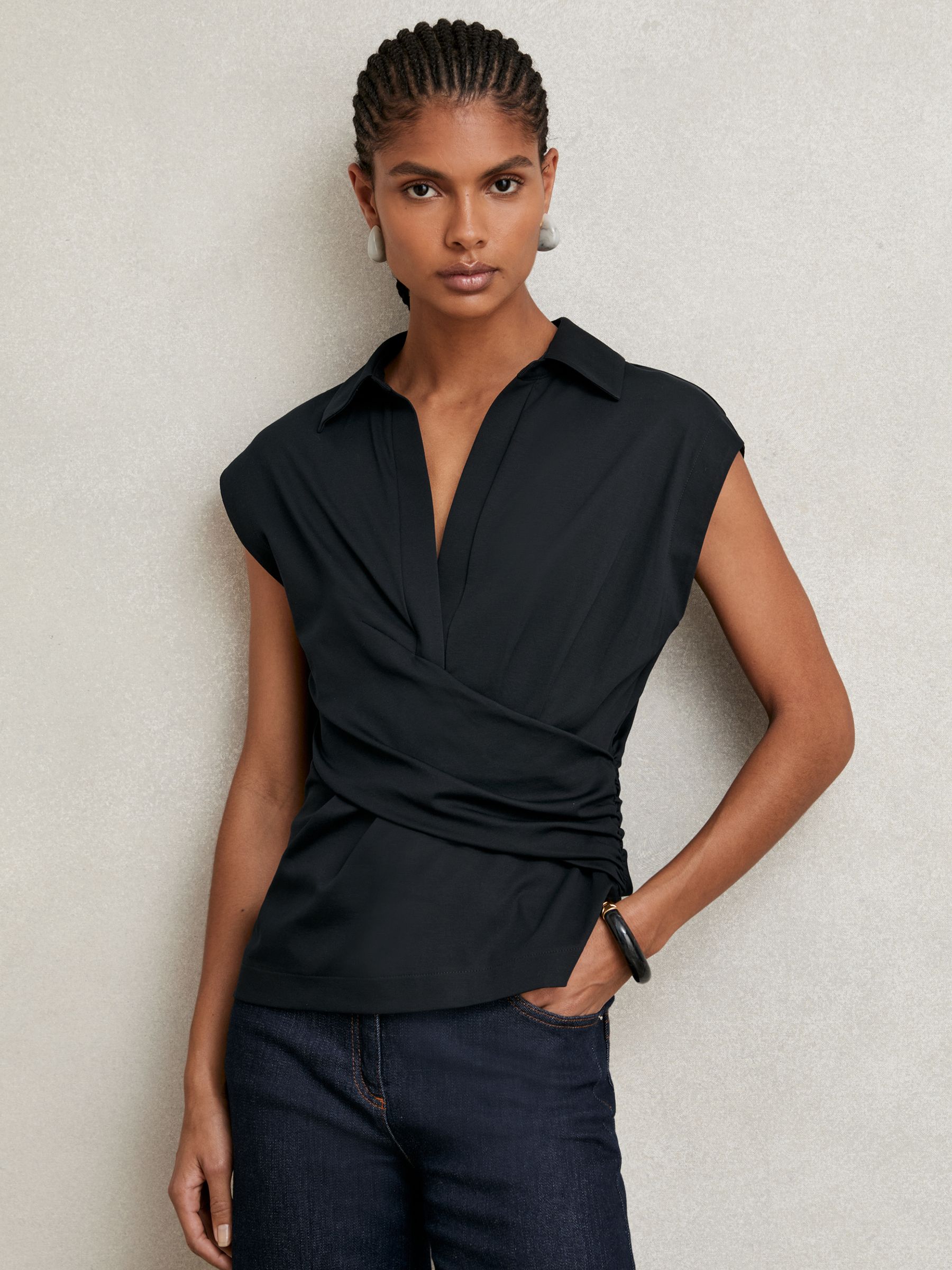 Stretch-Cotton Wrap-Front Collar Top in Navy