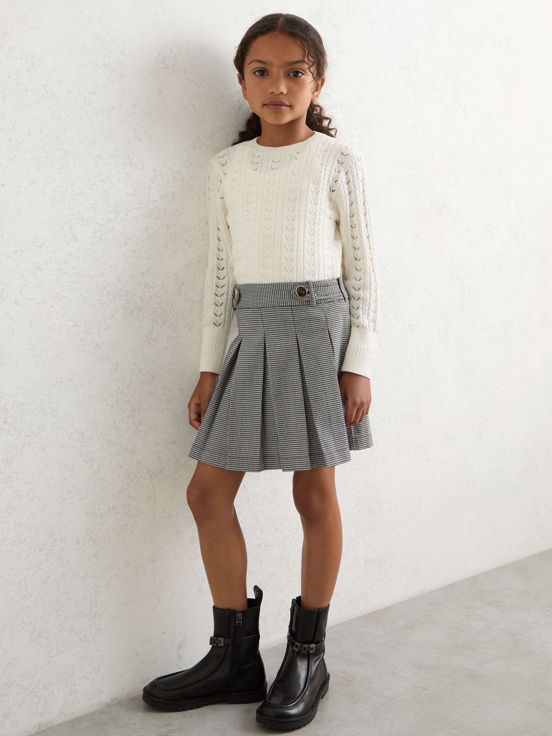 3-9 yrs Houndstooth-Check Pleated Skirt in Black/White