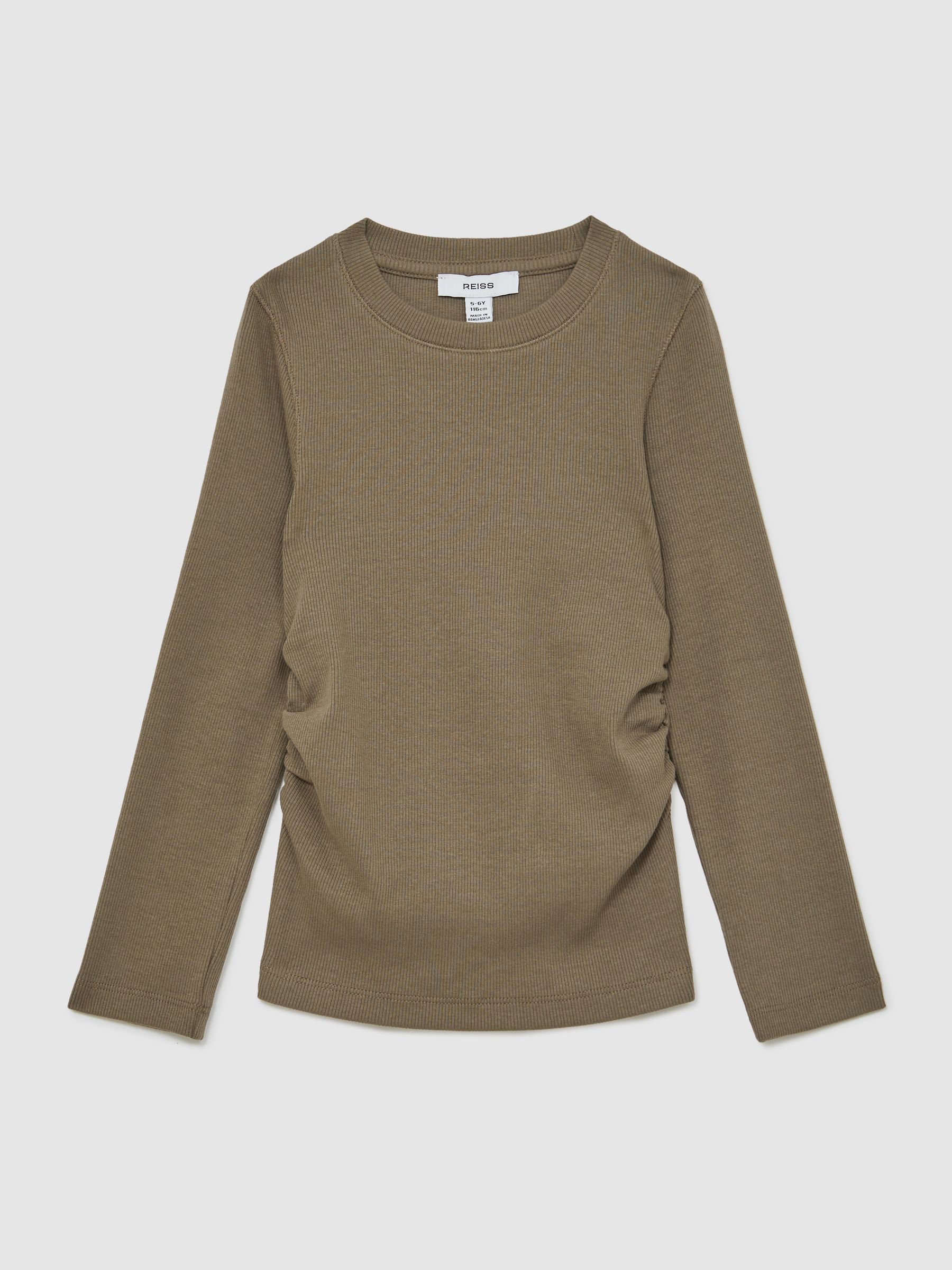 4-9 yrs Cotton Ruched Long-Sleeve T-Shirt with Stretch in Khaki