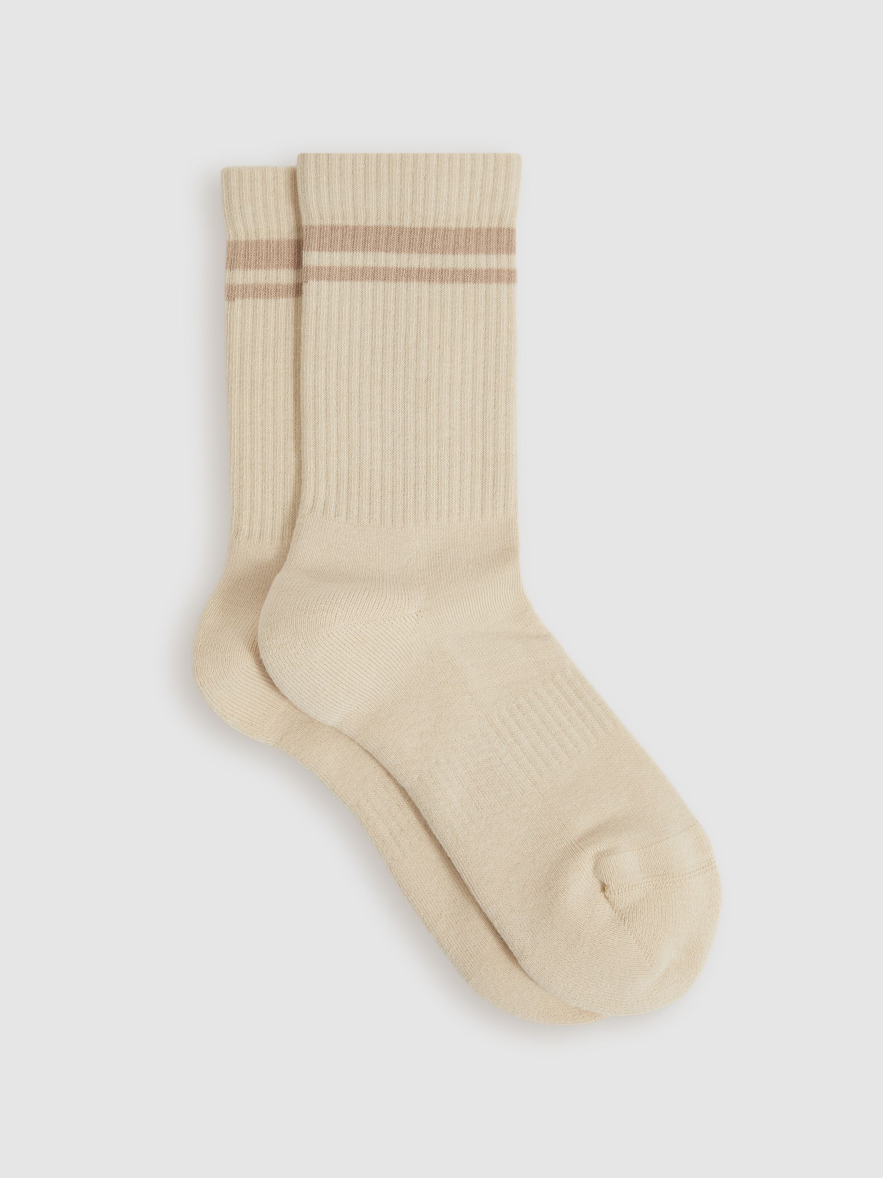 Cotton-Blend Striped Crew Socks in Cream