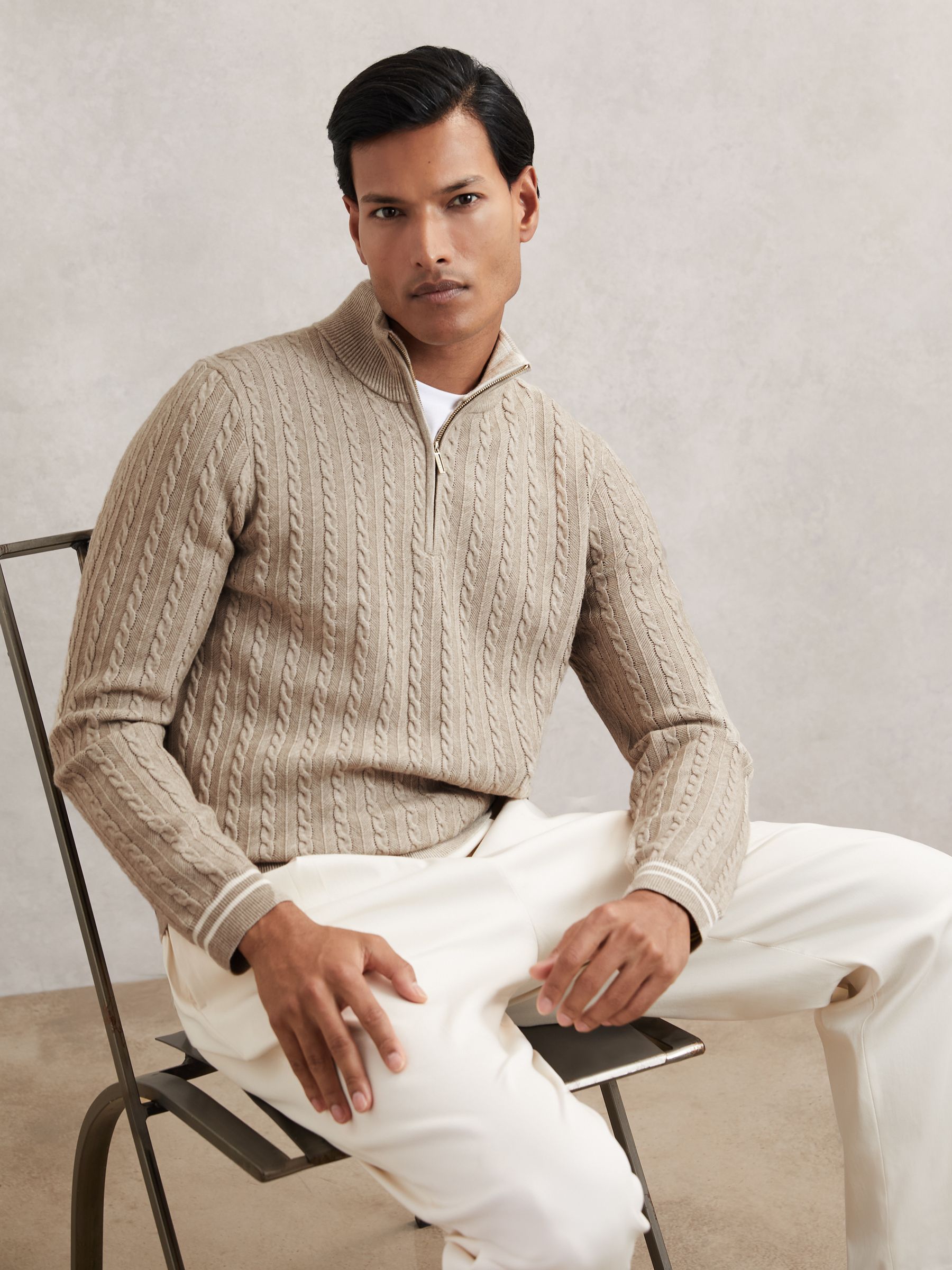 Half-Zip Cable Knit Jumper With Wool in Oatmeal Brown