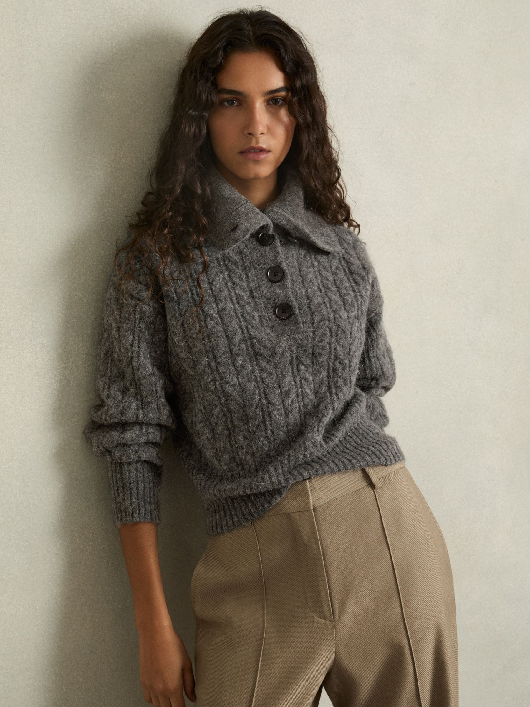 Cropped Cable-Knit Jumper With Mohair in Charcoal