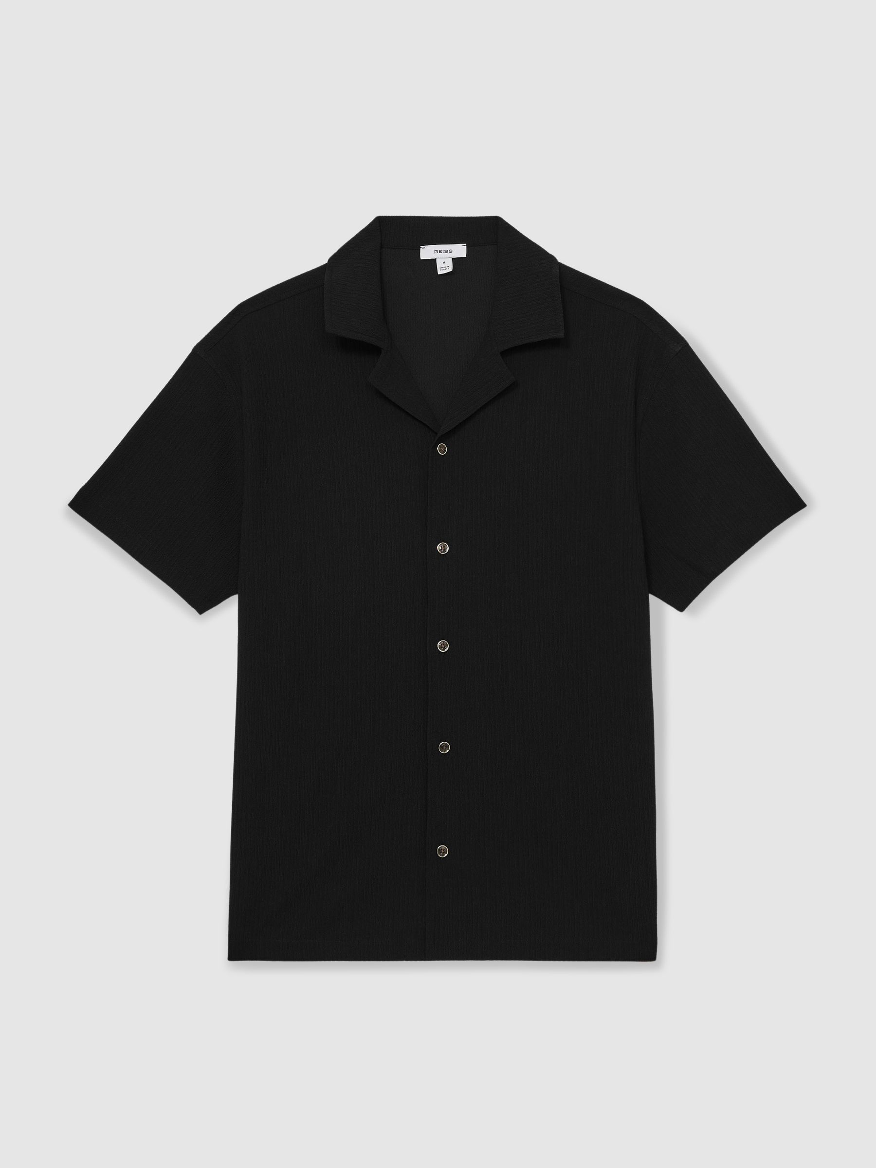 Textured Crepe Cuban Collar Shirt in Black
