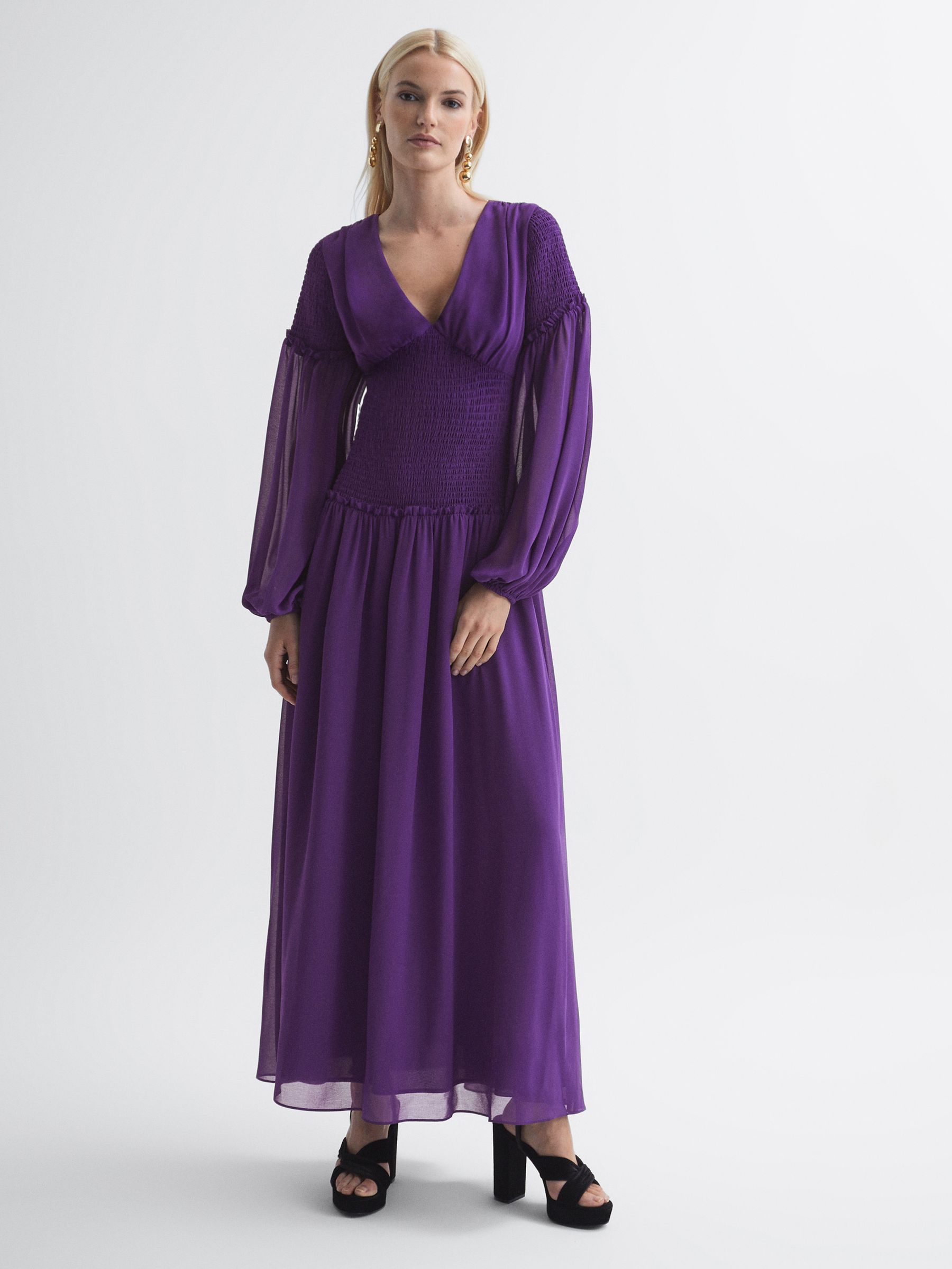Florere Plunge Neck Shirred Maxi Dress in Dark Purple