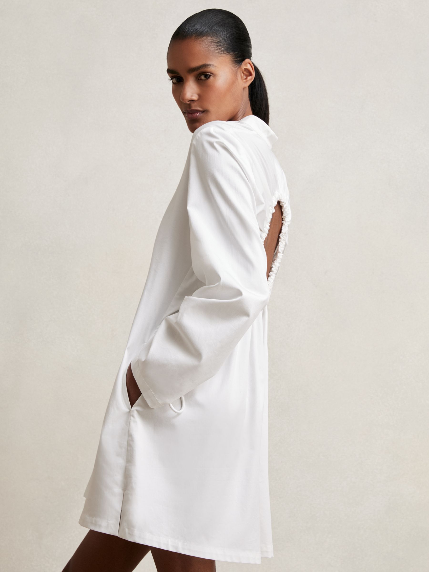 Cotton Gathered Cut-Out Shirt Dress with Stretch in Ivory
