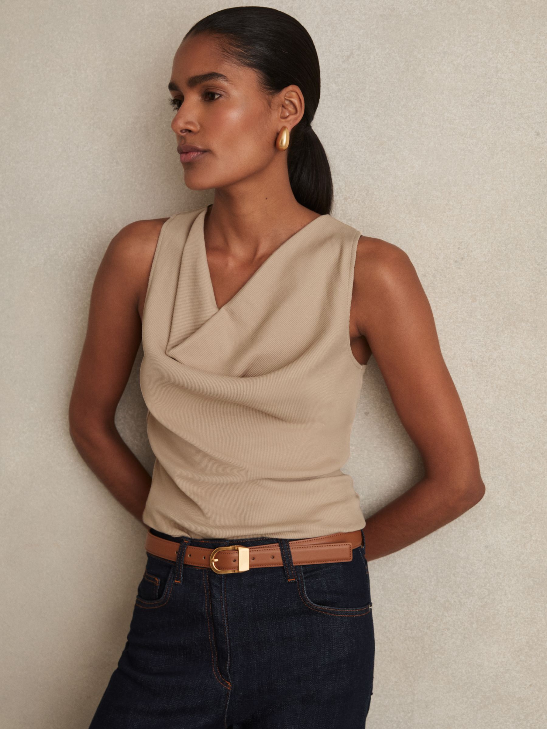 Ribbed Cowl-Neck Vest in Camel