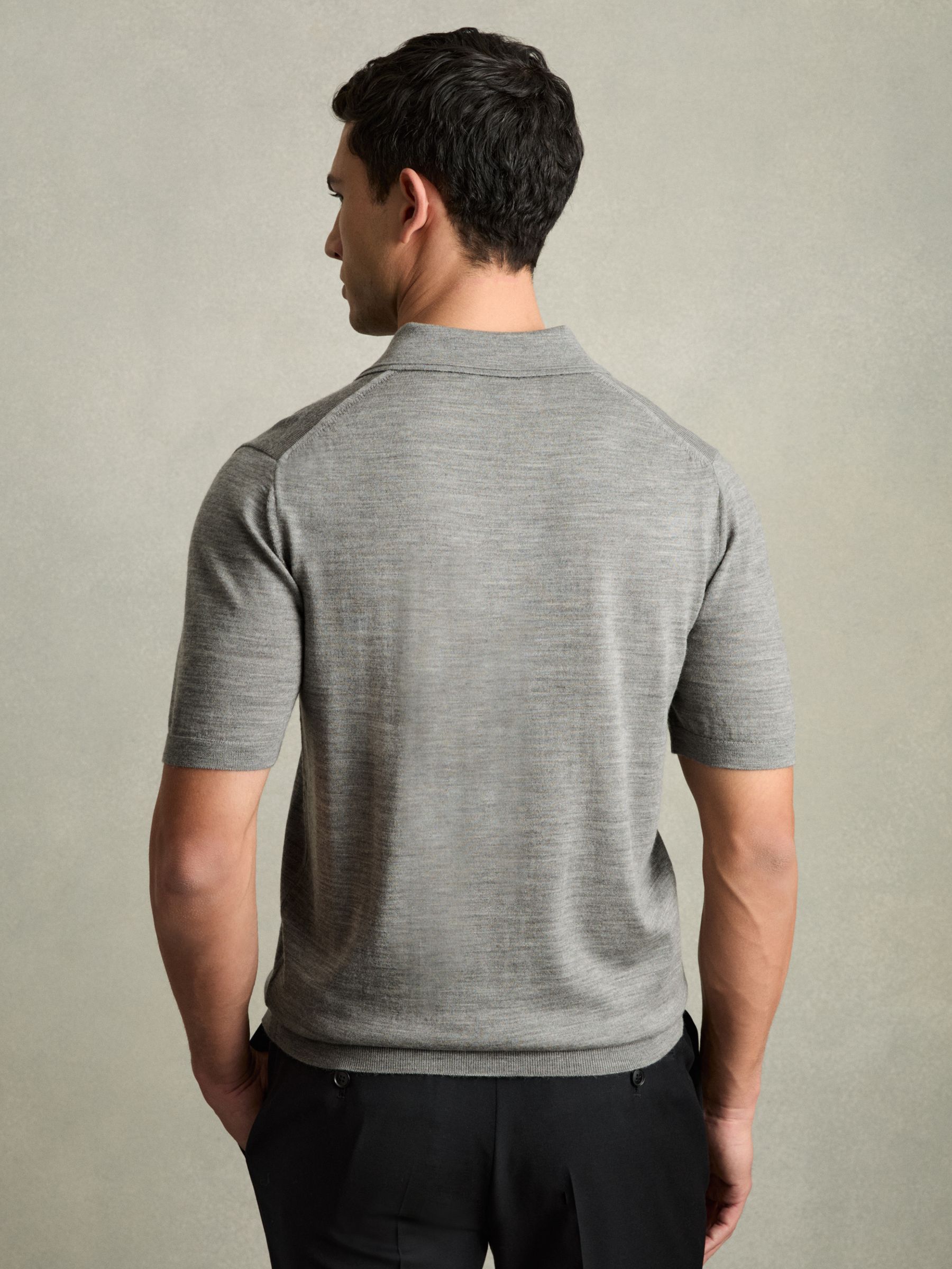 Merino Wool Open Collar Polo Shirt in Warm Grey Melange