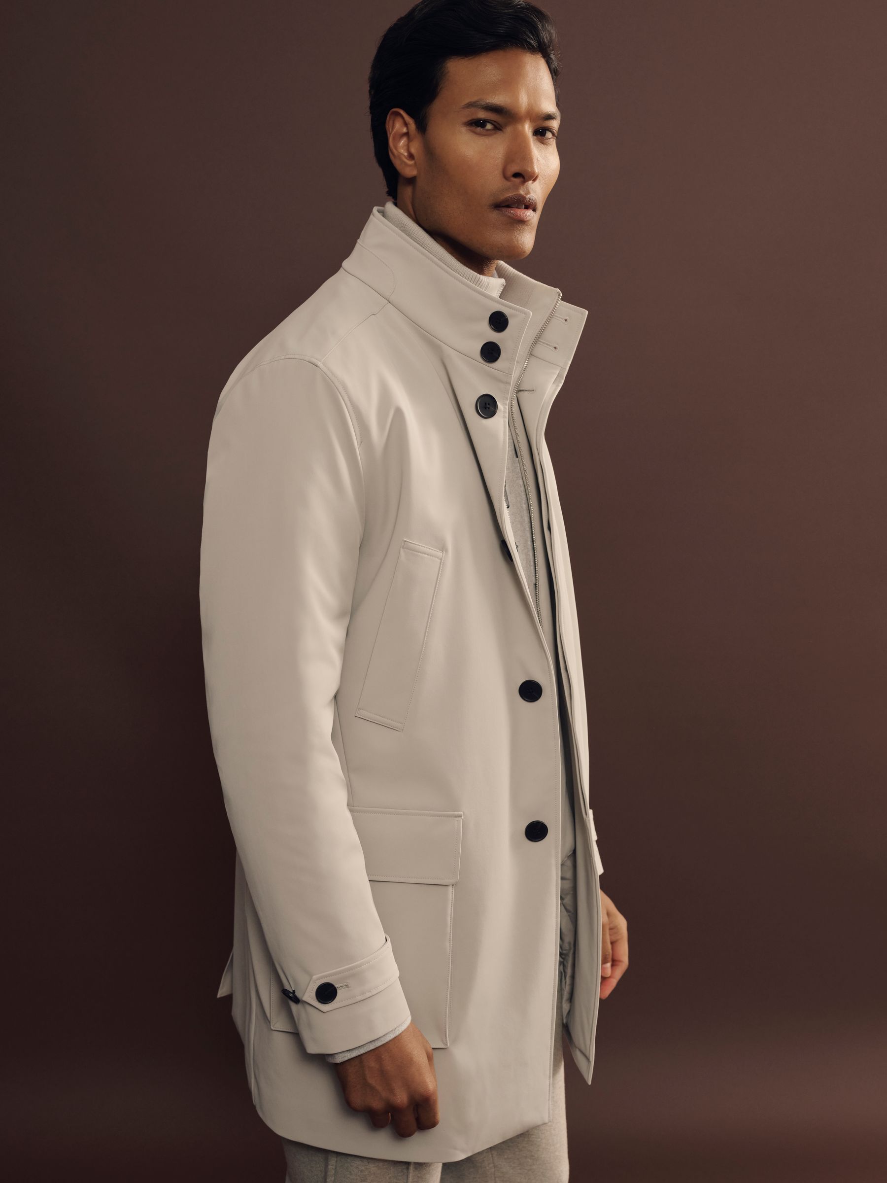 Hybrid Removable Funnel Neck Overcoat in Stone
