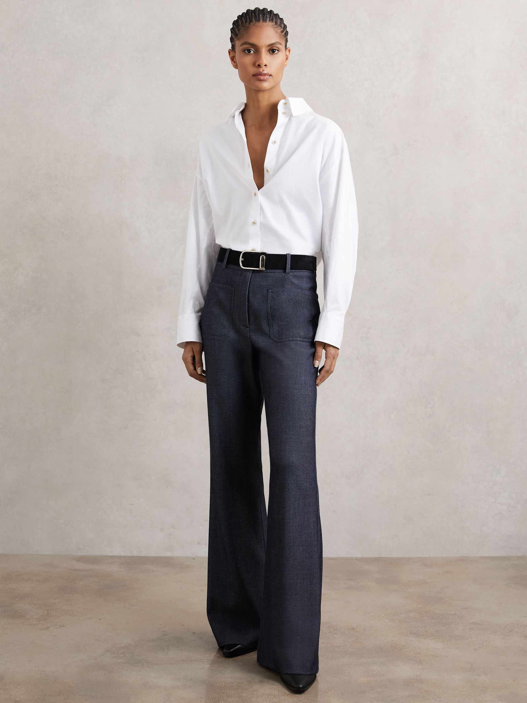 Flannel Patch-Pocket Flared Trousers with Wool in Blue