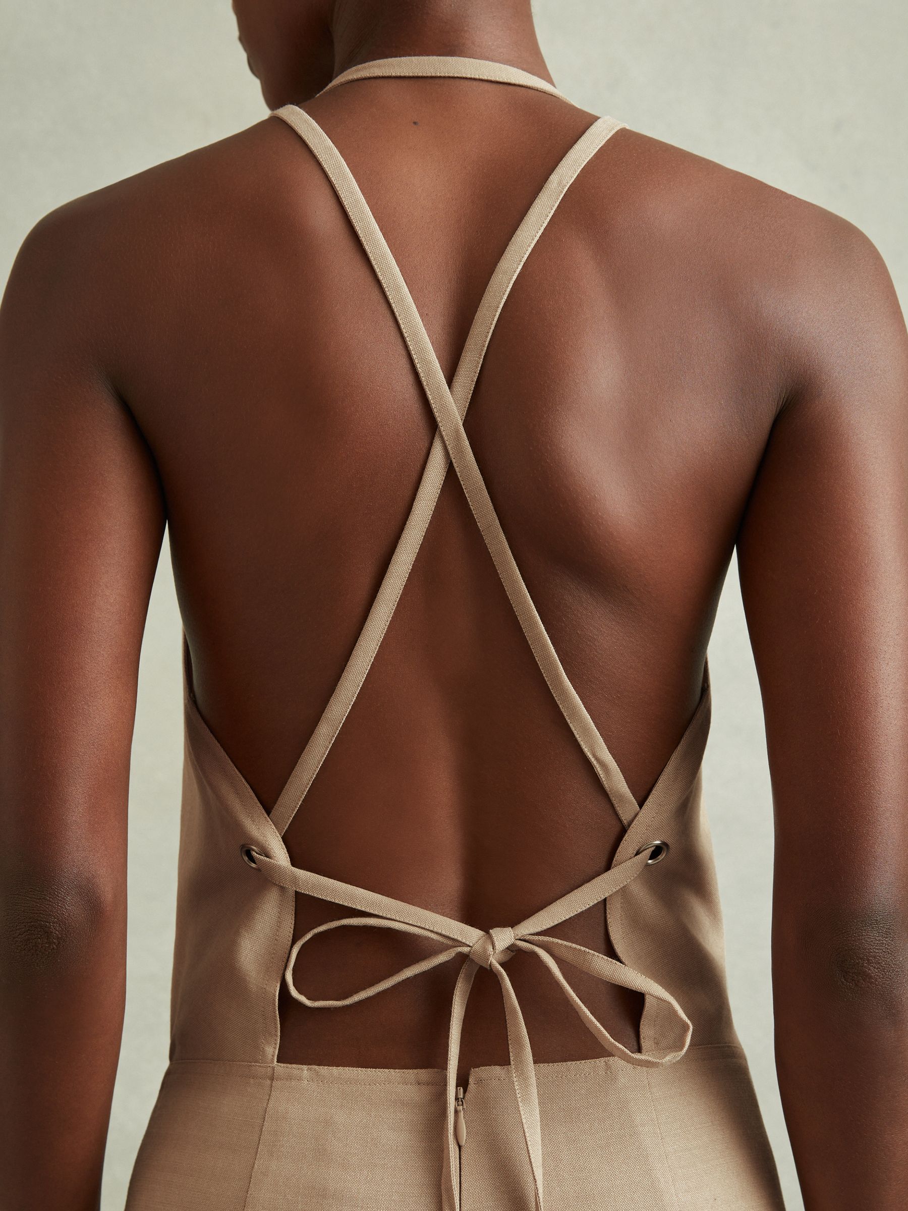 Wool Strappy Tie Back Mini Dress in Neutral