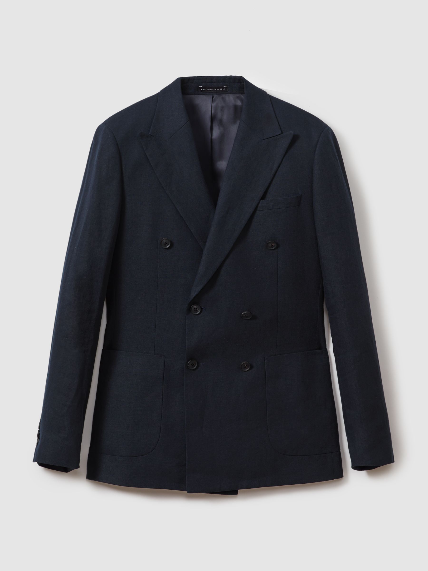 Double Breasted 100% Linen Slim Fit Blazer in Navy