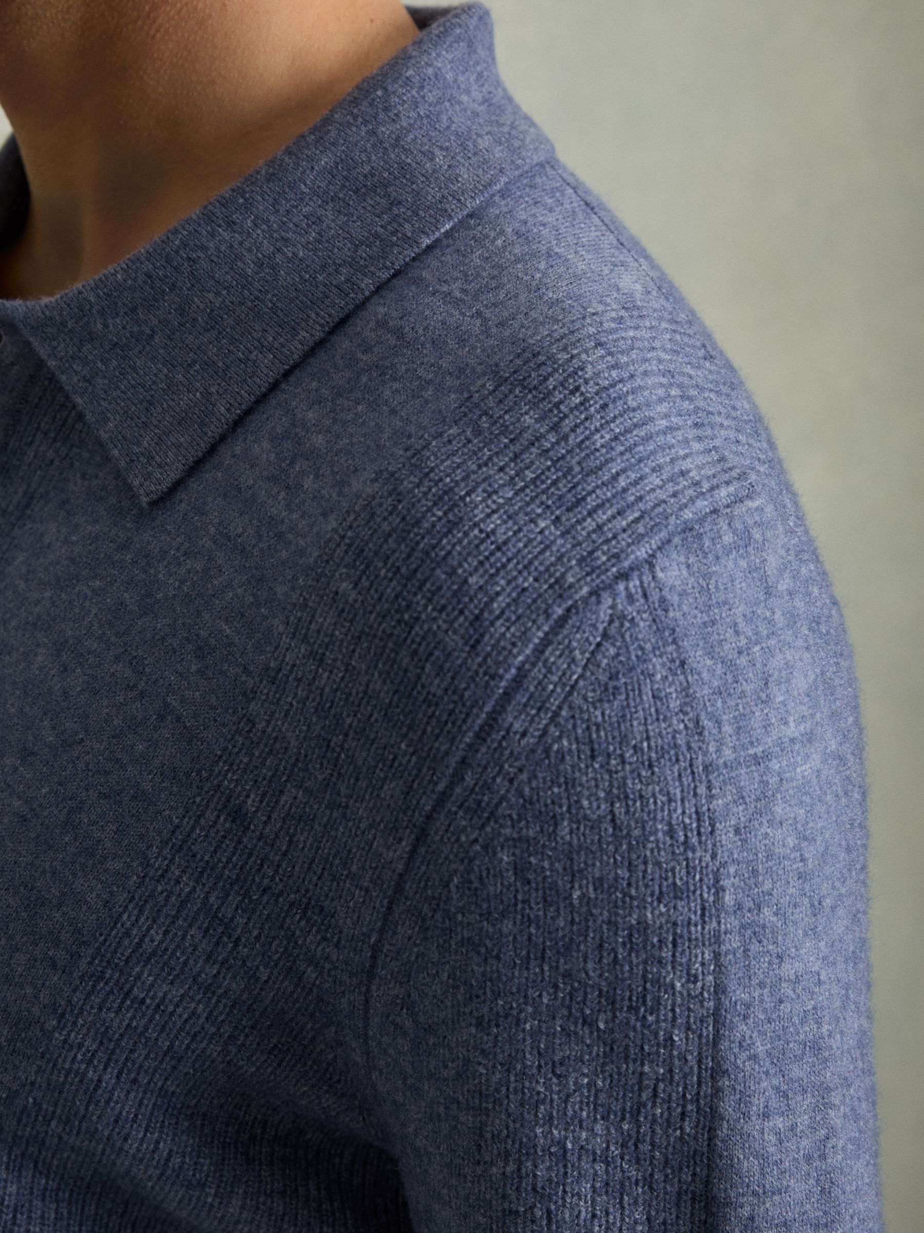 Wool Textured Long Sleeve Polo Shirt in Soft Blue