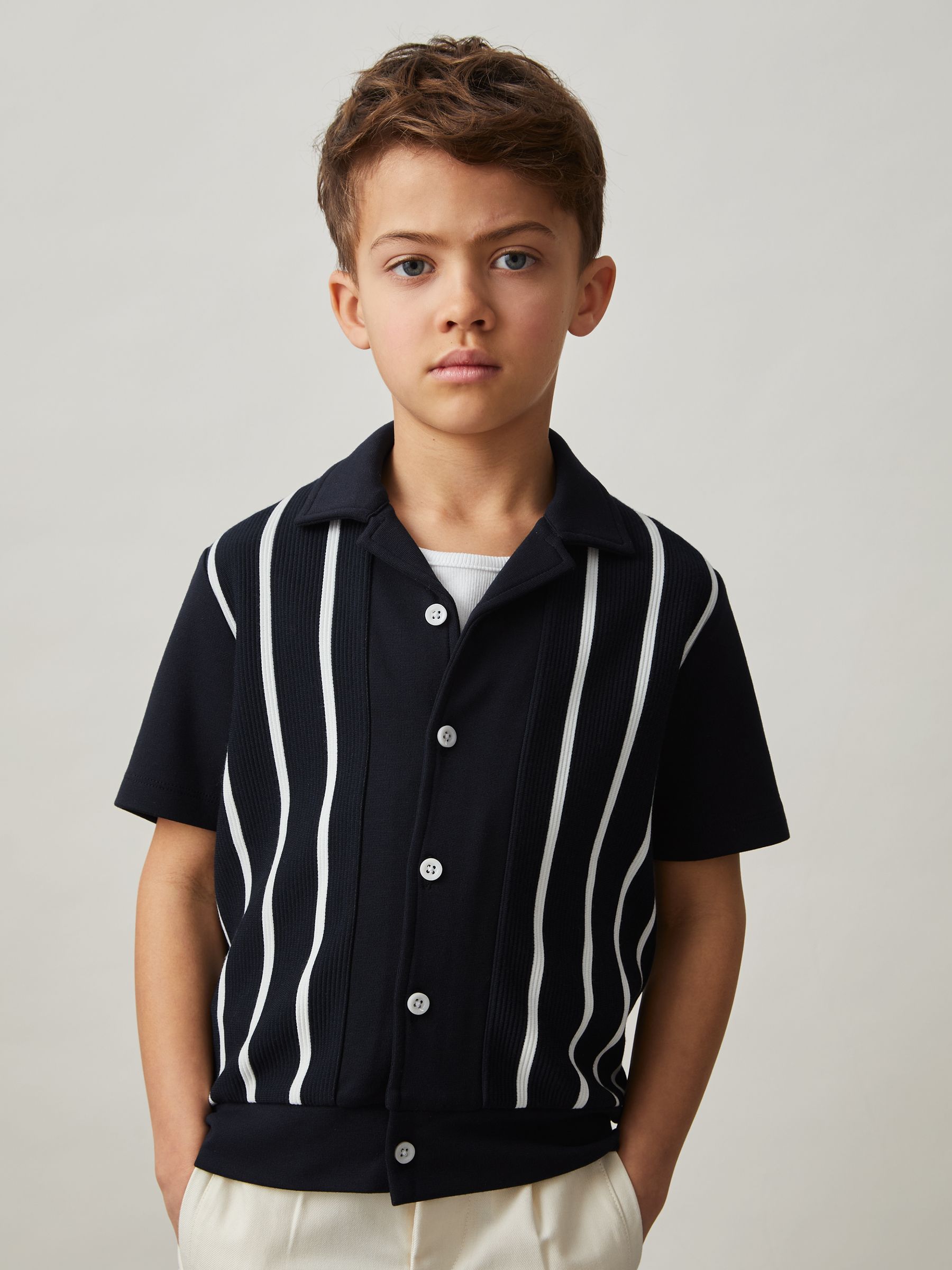 9-13 yrs Stripe Cuban Collar Shirt in Navy/White