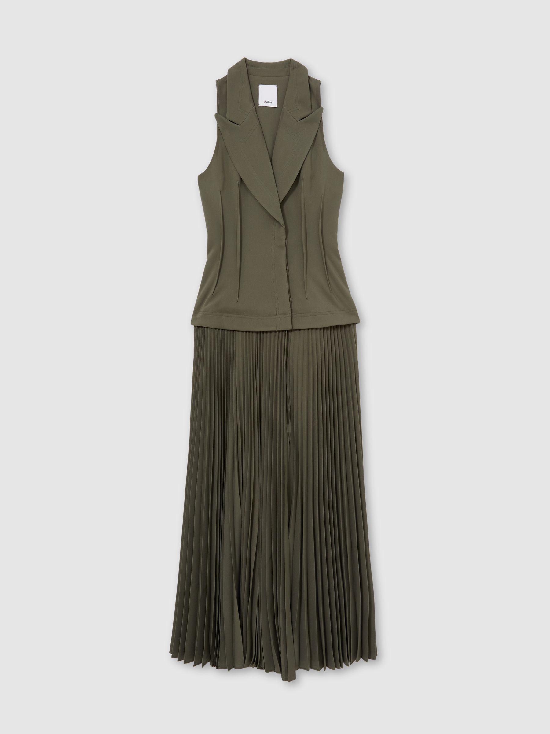 Acler Dark Olive Green Waistcoat Bodice Pleated Dress in Dark Olive Green