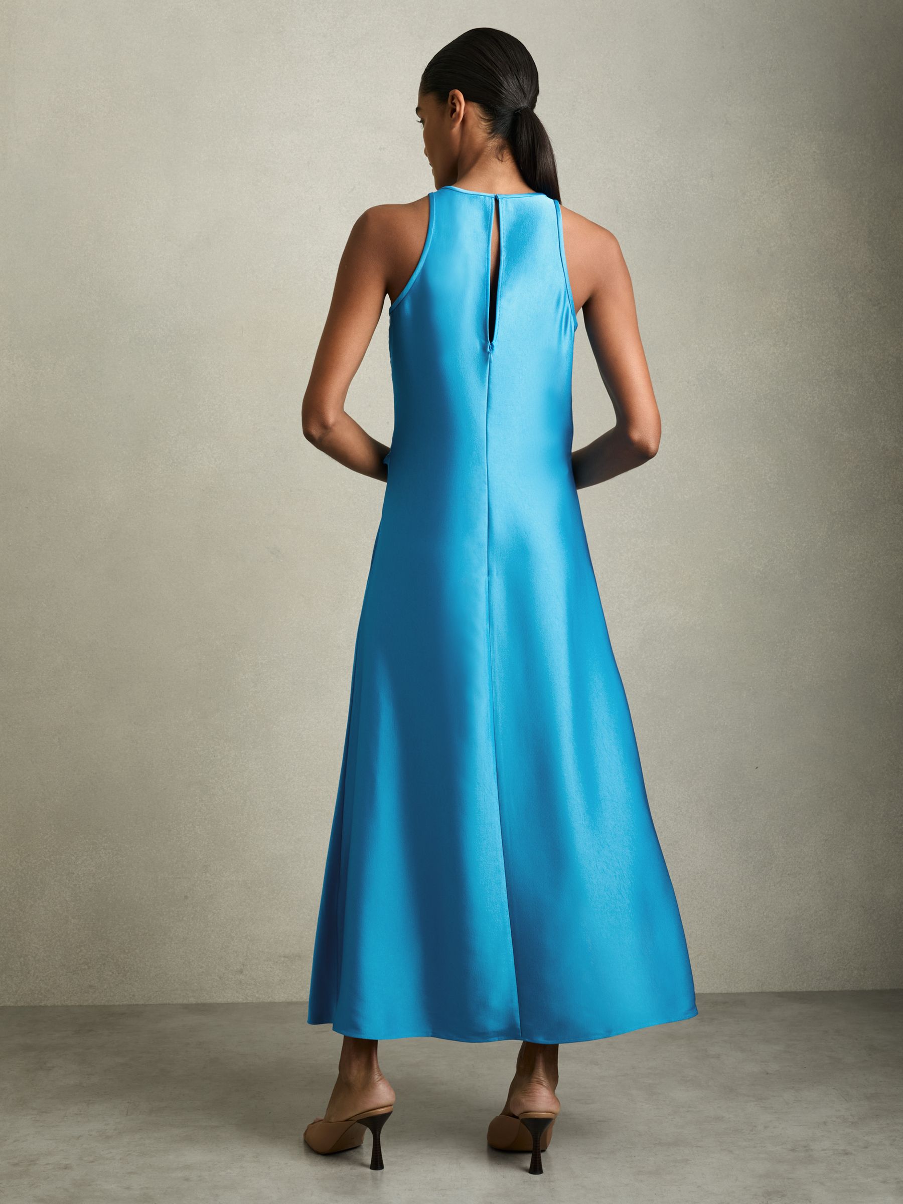 Petite Satin Drape Tuck Midi Dress in Blue
