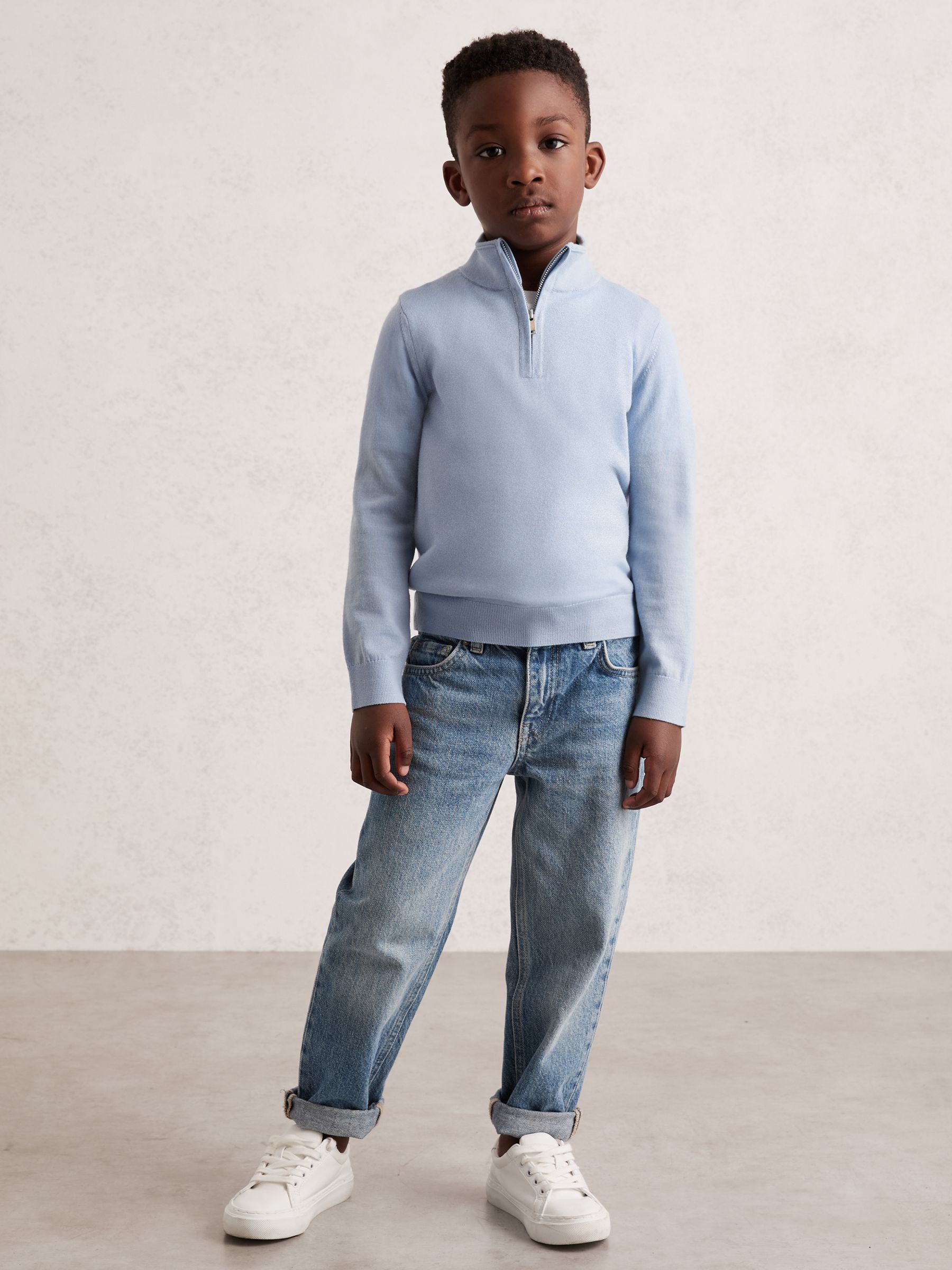 9-13 yrs Merino Wool Half-Zip Funnel Neck Jumper in Soft Blue Melange