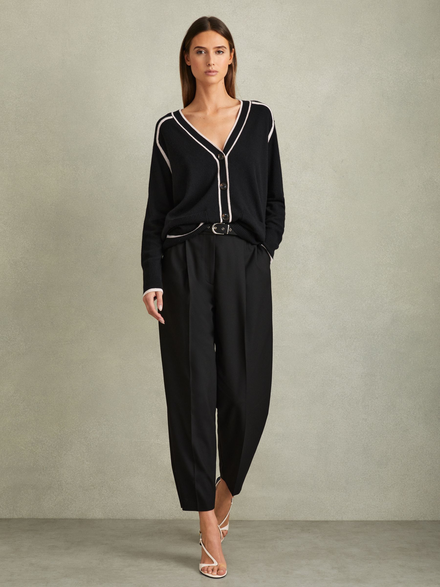 Wool Blend Contrast Tipped Cardigan with Cashmere in Black/Stone