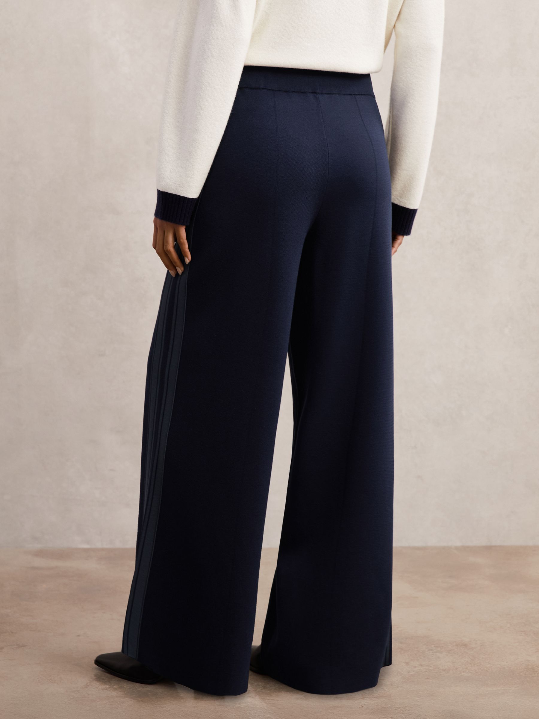 Knitted Side-Stripe Wide-Leg Trousers in Navy