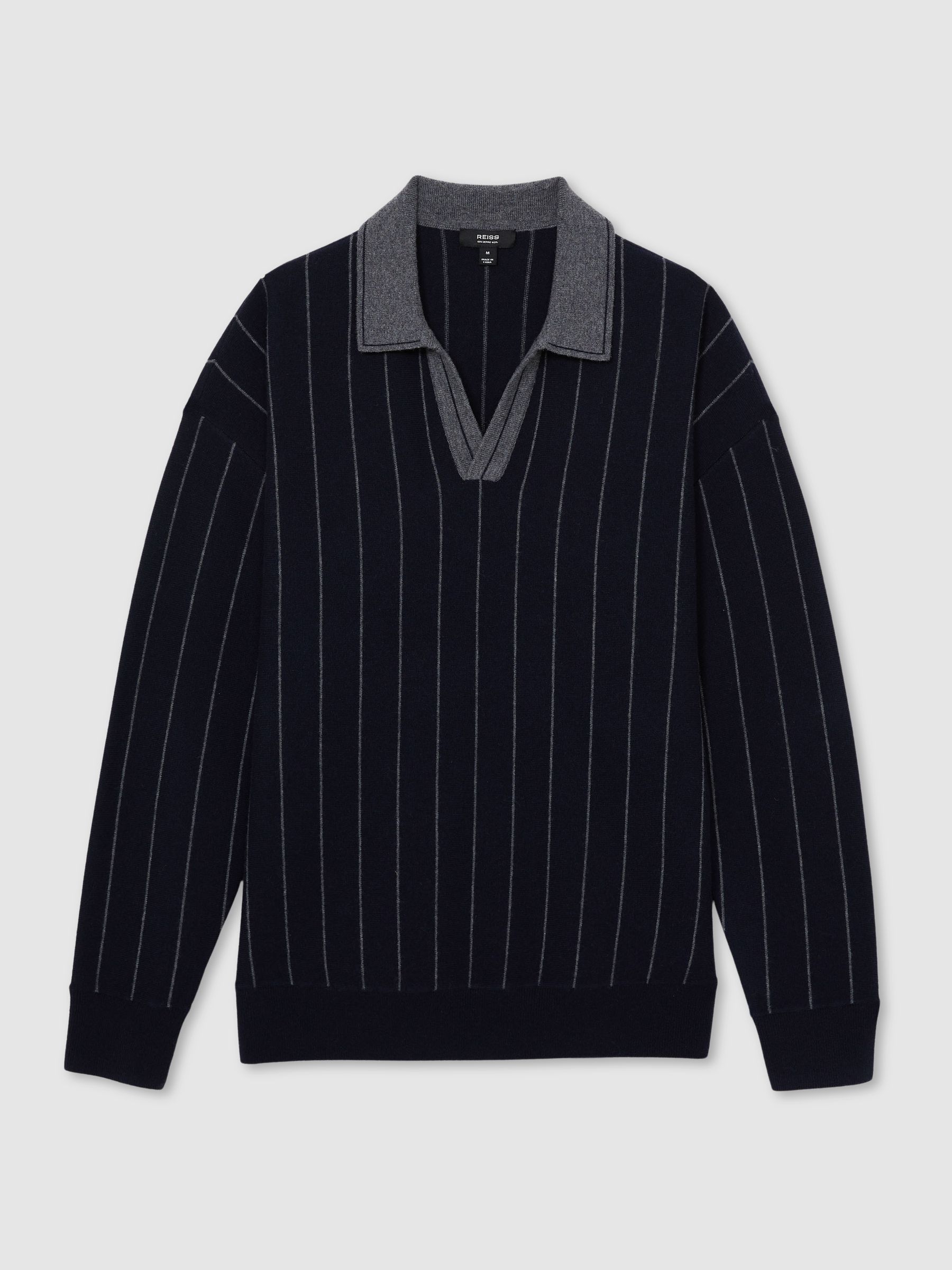 Wool Open-Collar Stripe Polo Shirt in Navy