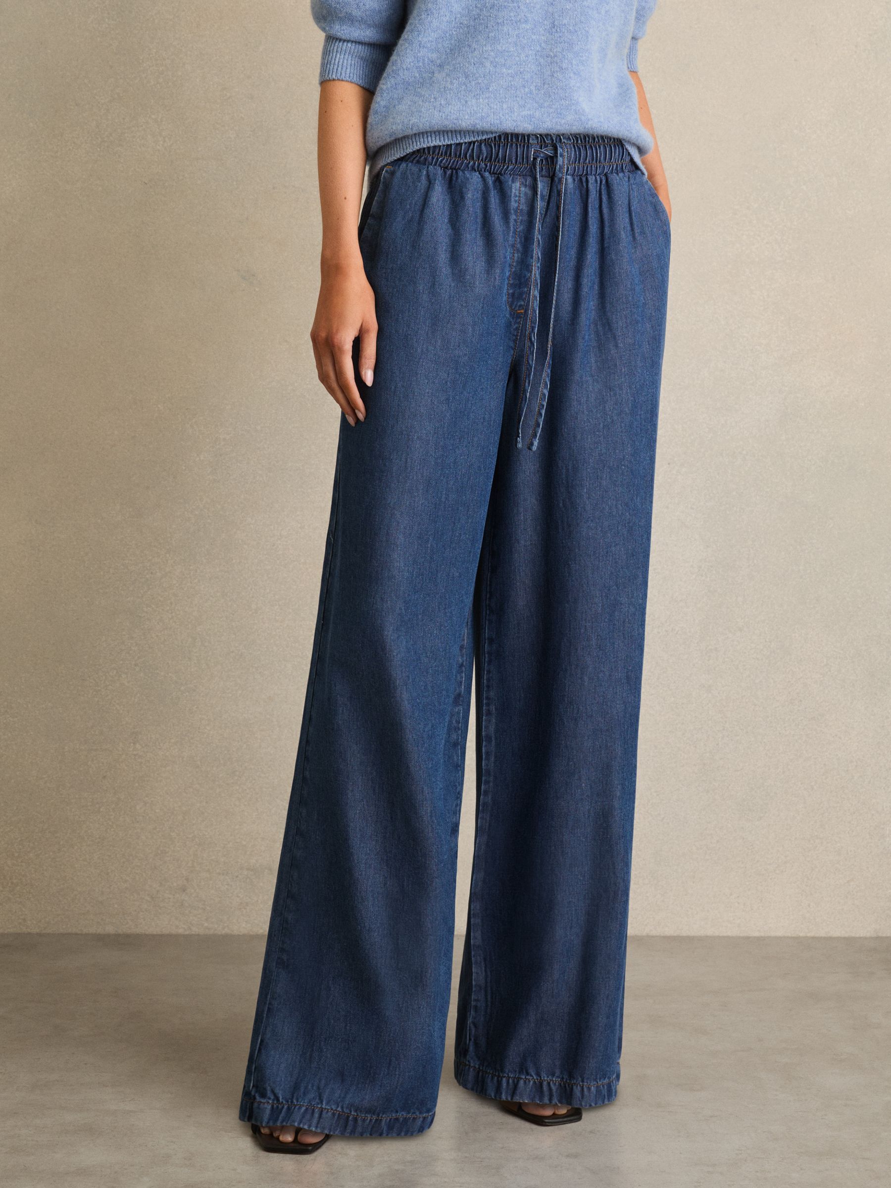 Wide-Leg Chambray Drawstring Trousers in Mid Blue