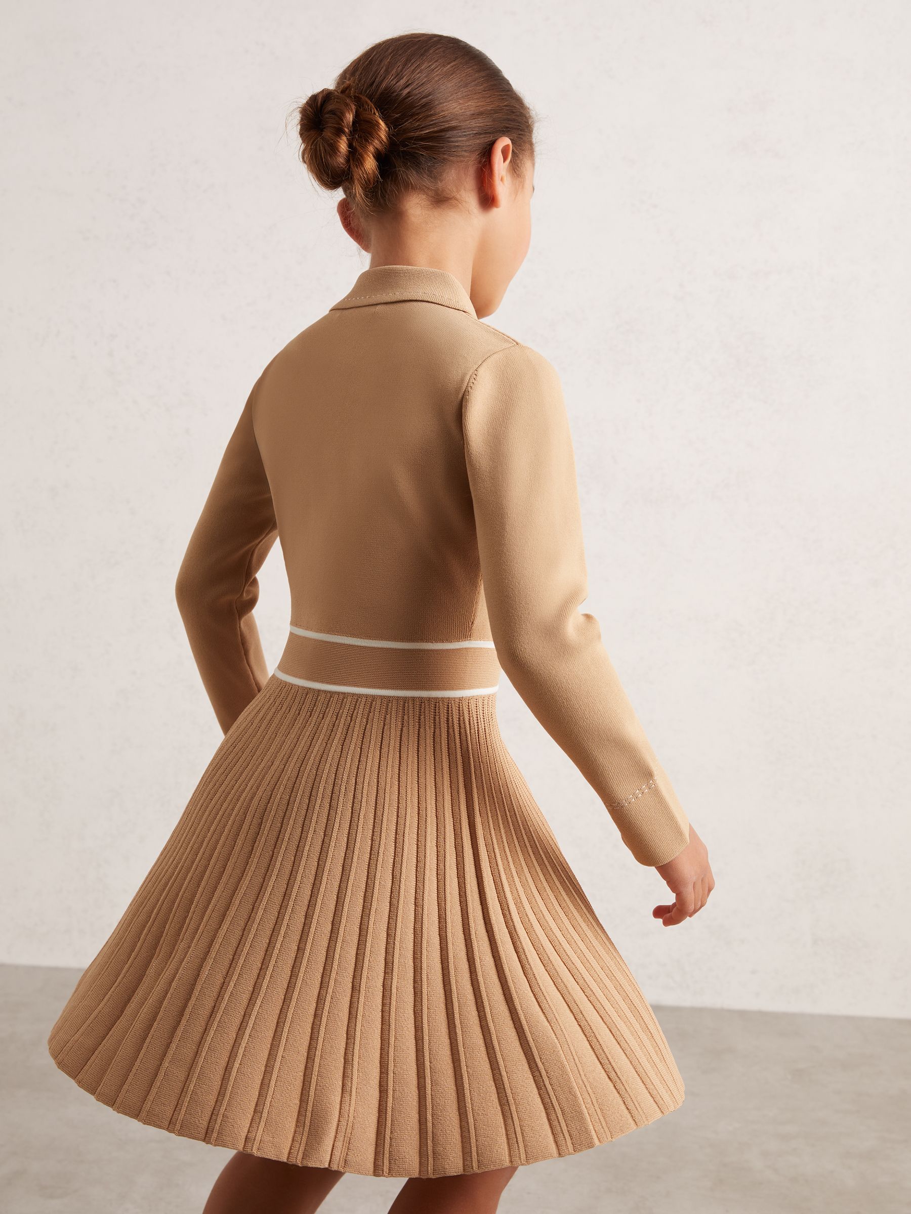 9-13 yrs Button-Detail Stripe Knitted Dress in Camel