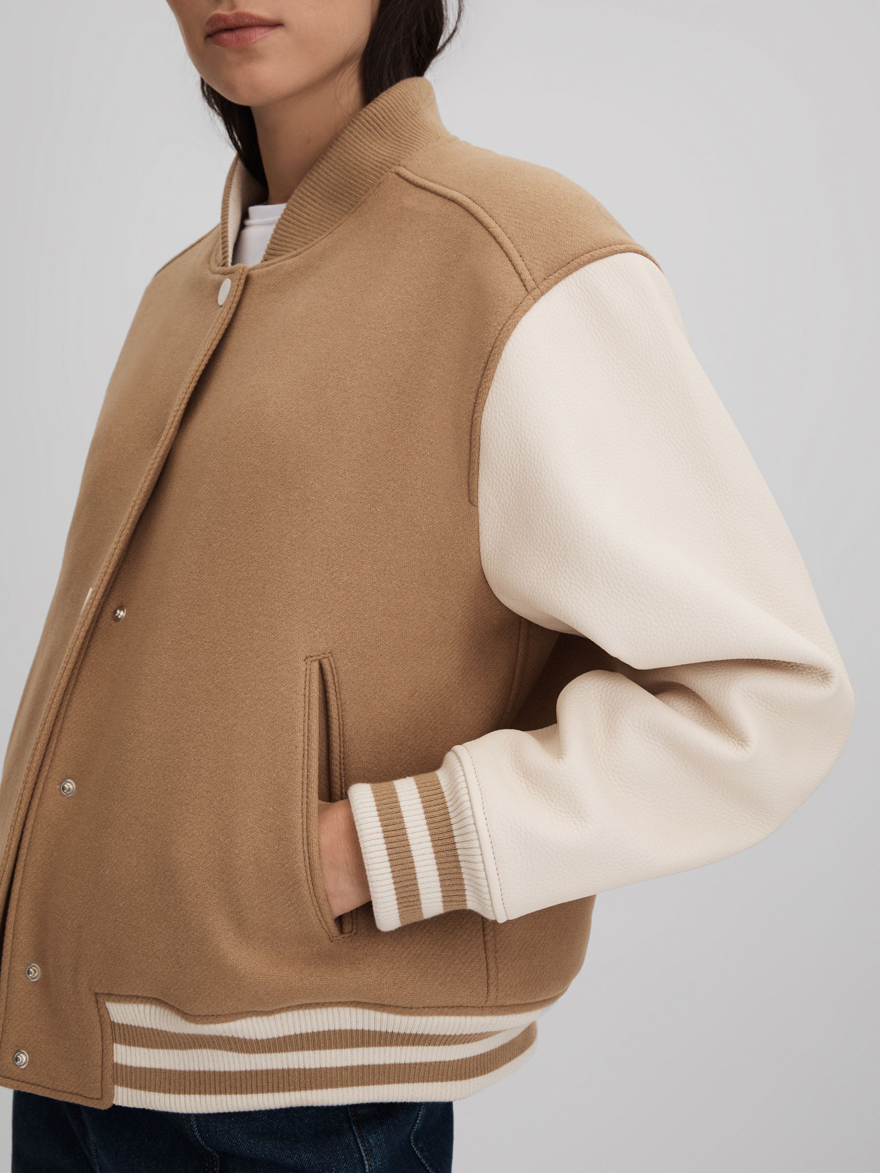 Premium Wool Blend Bomber Jacket in Camel/Cream