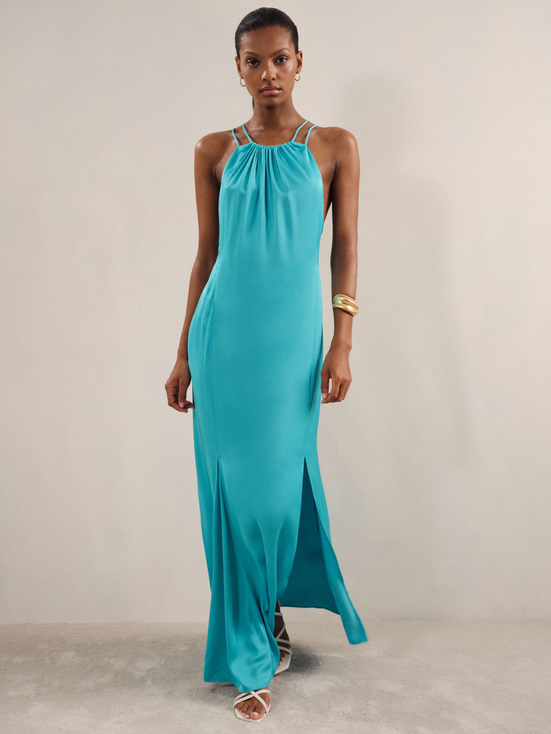 Satin Halterneck Maxi Dress in Blue
