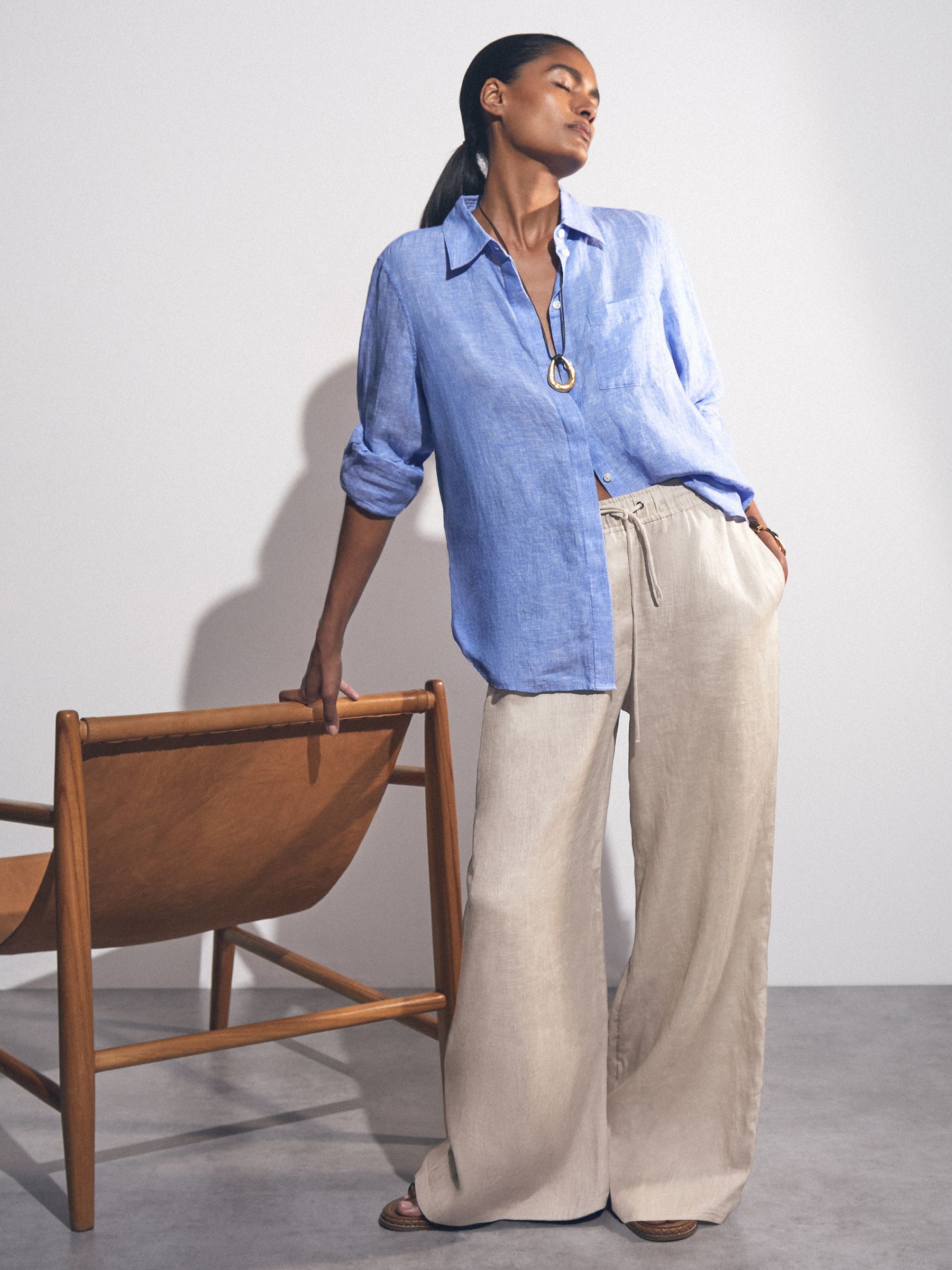 Linen-Blend Wide-Leg Trousers in Neutral