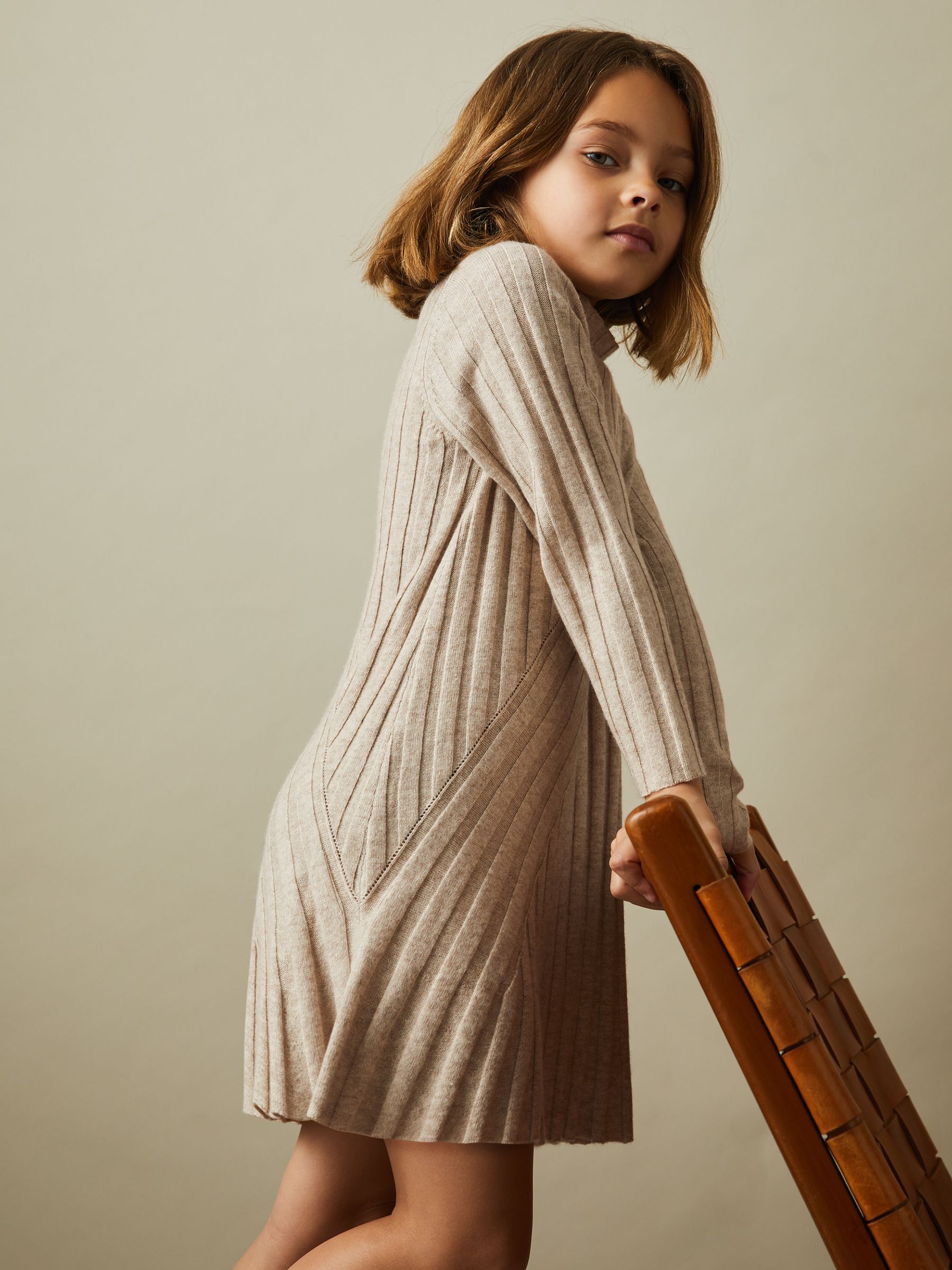 9-13 yrs Knitted Roll Neck Dress in Oatmeal