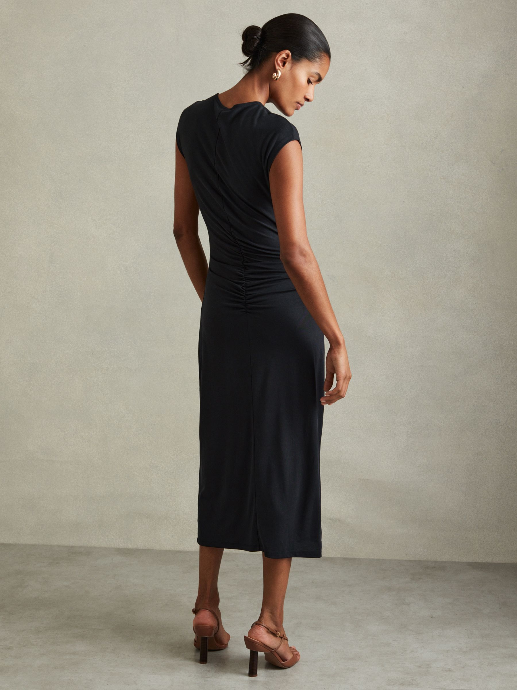 Ruche Front Capped Sleeve Jersey Midi Dress in Charcoal