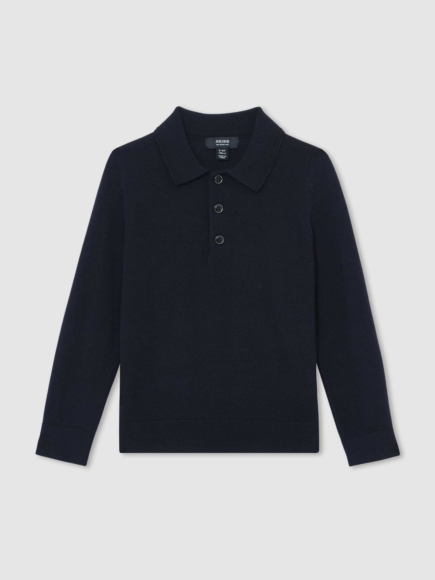 9-13 yrs Merino Wool Long-Sleeve Polo Shirt in Navy