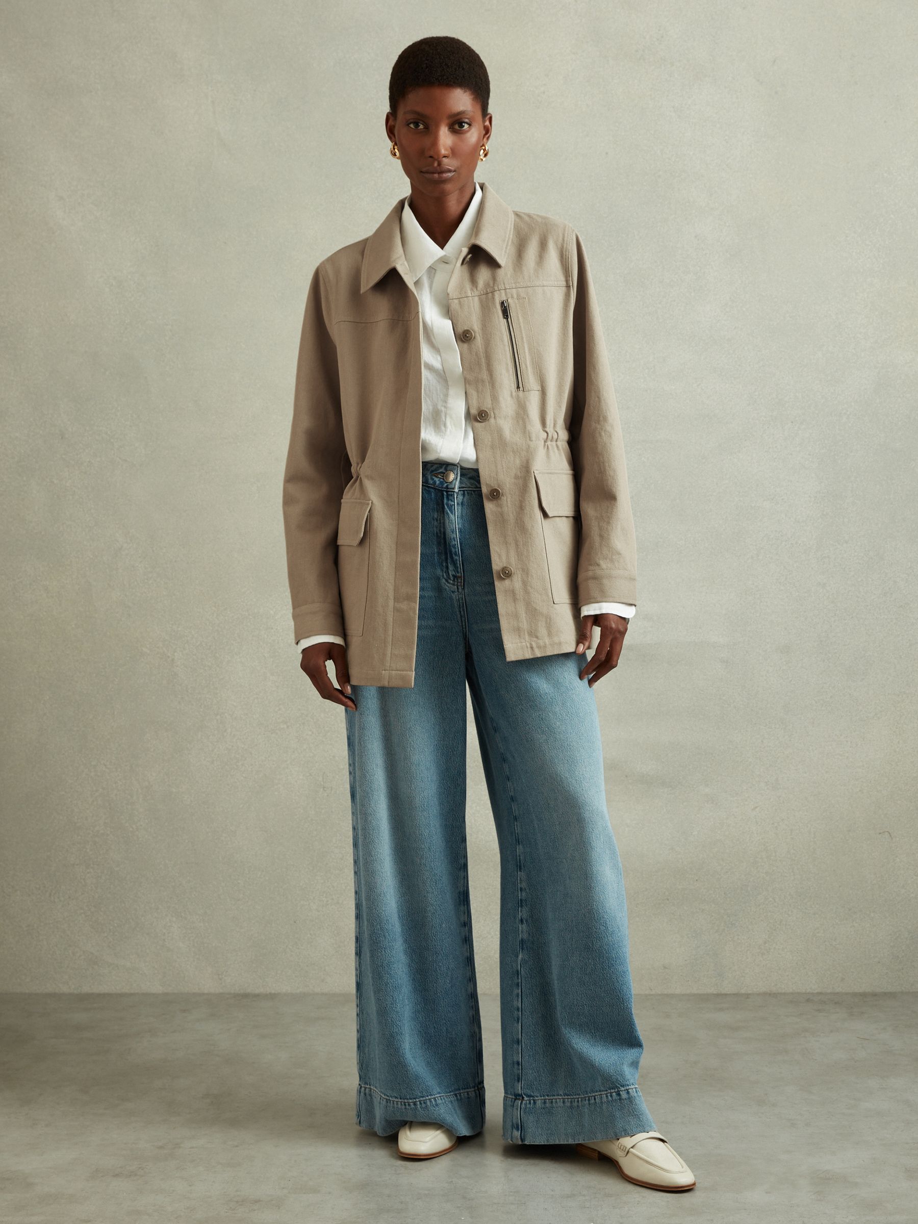 Cotton Canvas Drawstring Waist Overshirt in Neutral