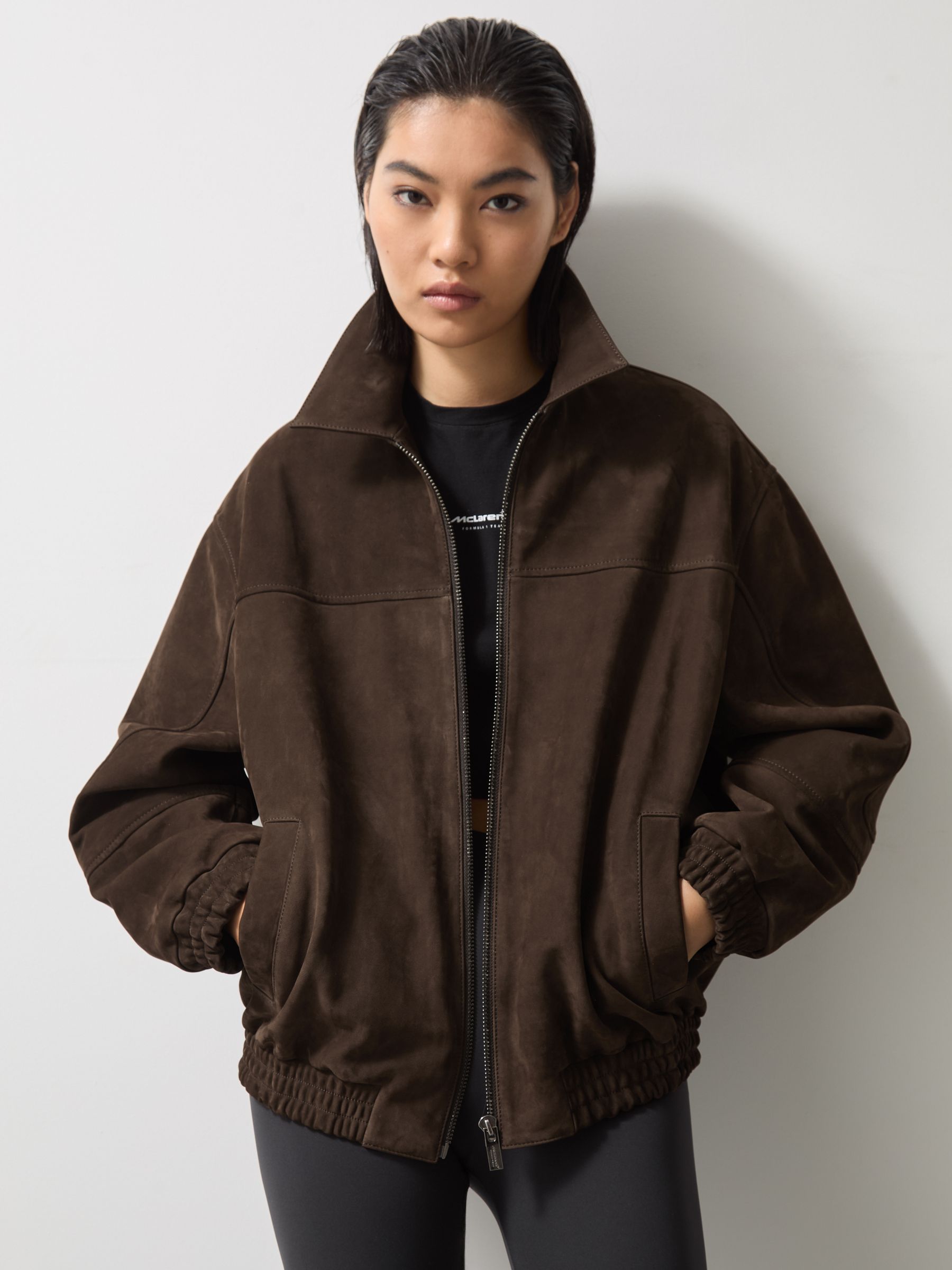 McLaren F1 Team Suede Bomber Jacket in Chocolate Brown