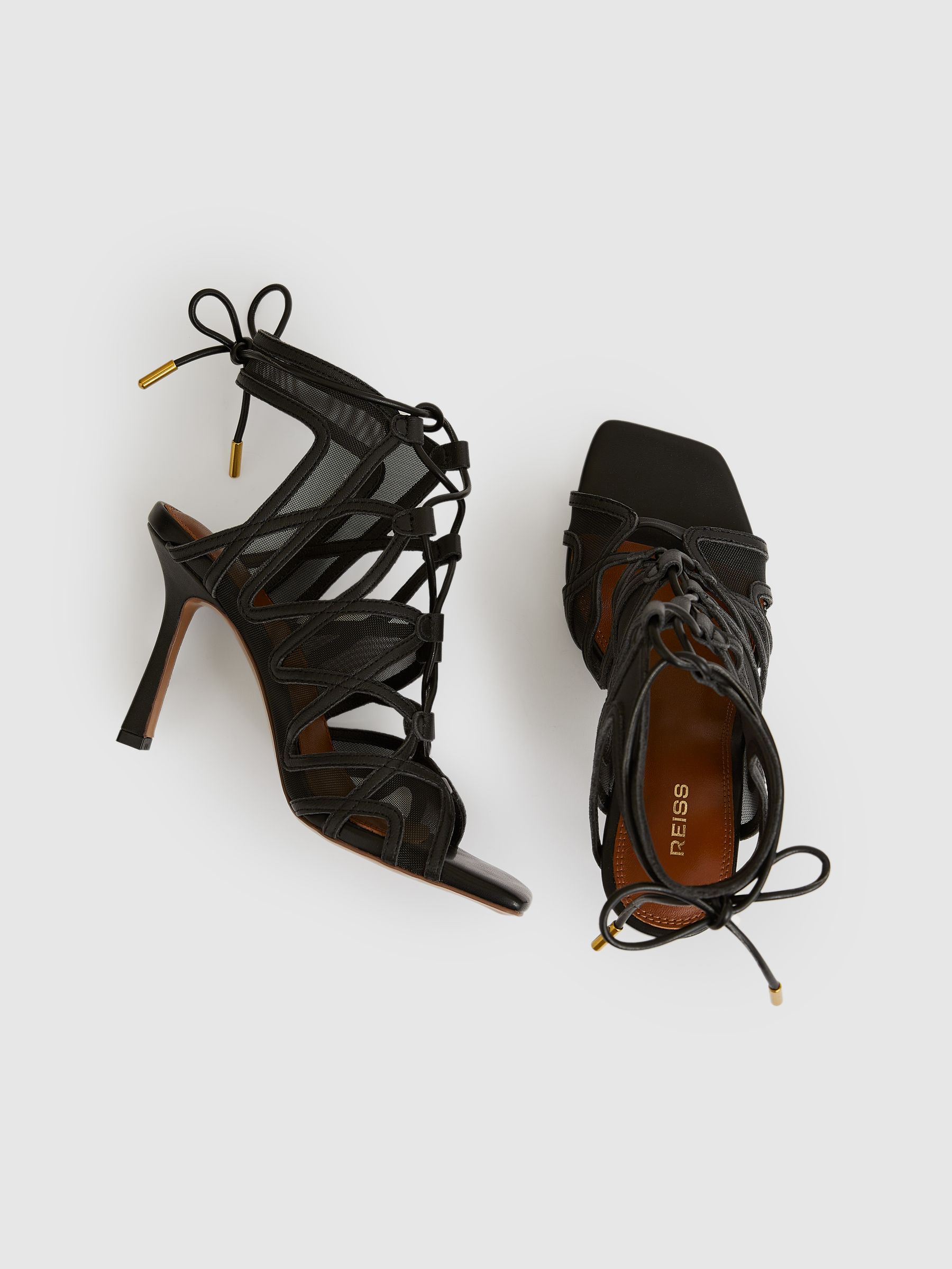 Mesh Leather Strappy Heels in Black
