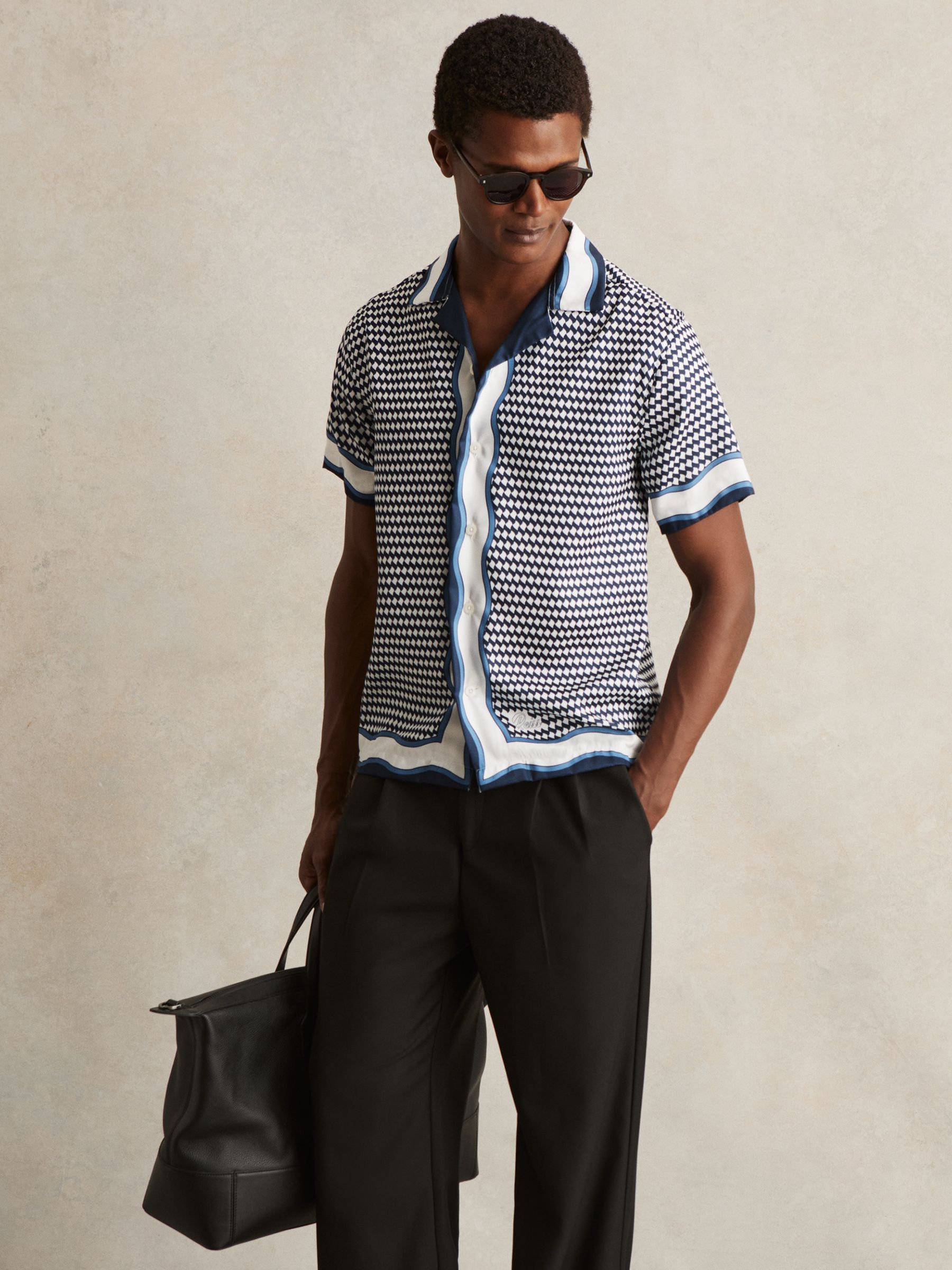 Geometric-Print Cuban-Collar Shirt in White/Navy