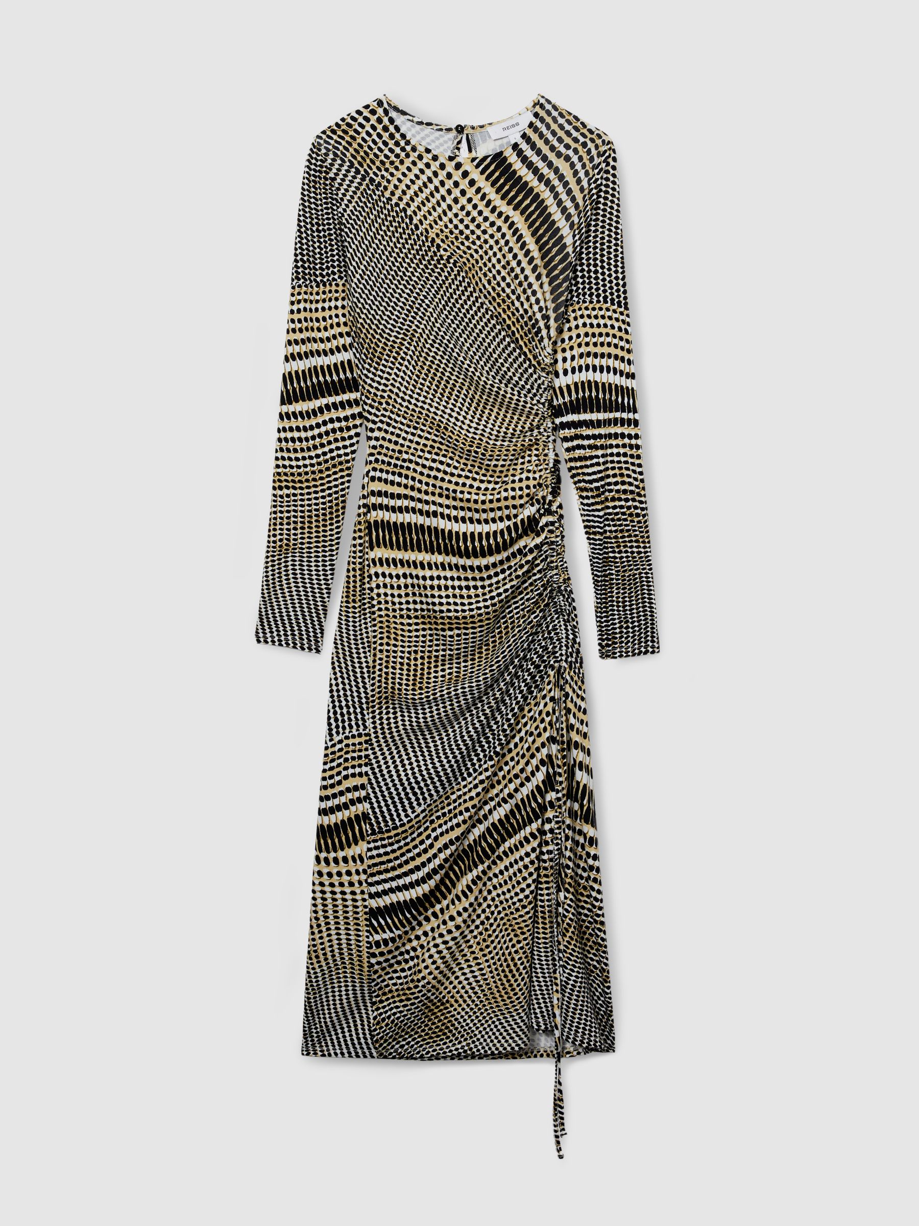 Petite Printed Ruched Midi Dress in Black/Olive