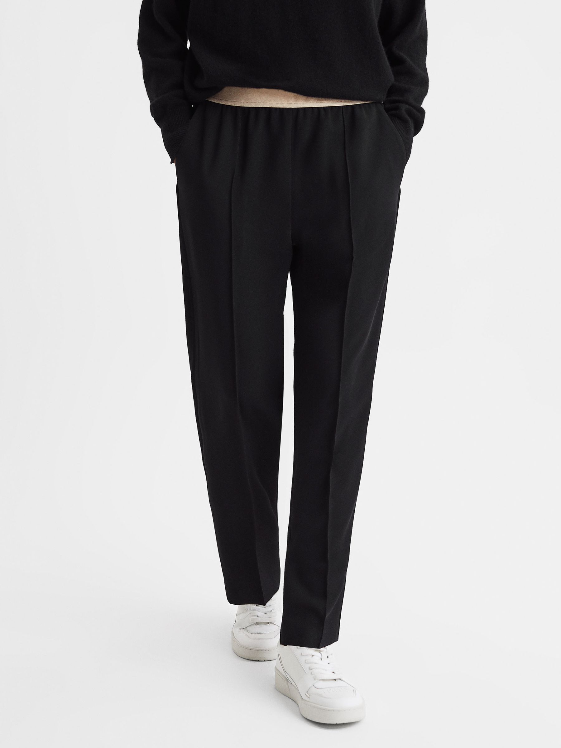 Elasticated Waistband Tapered Trousers in Black