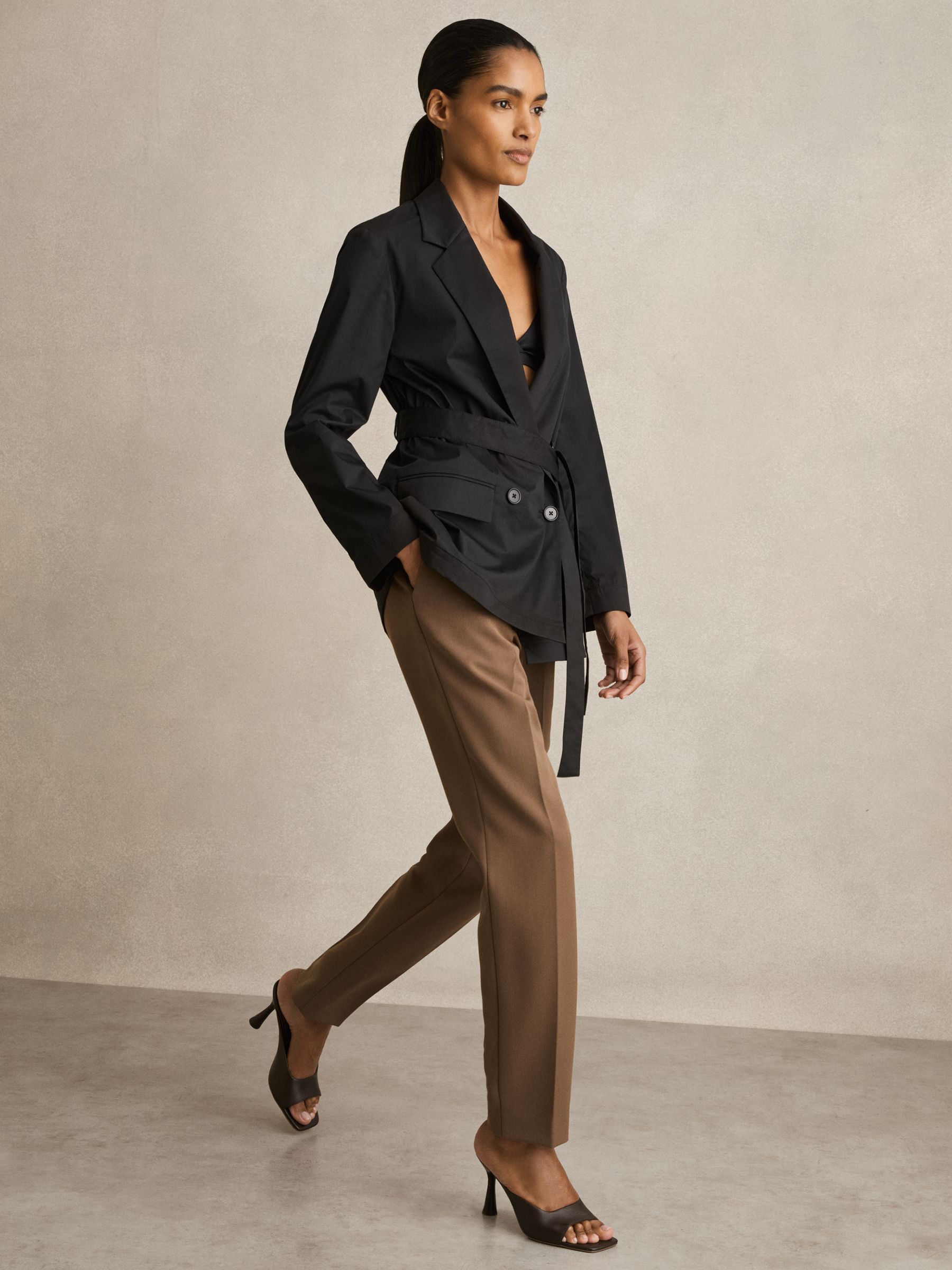 Cotton Blend Double Breasted Belted Jacket in Black