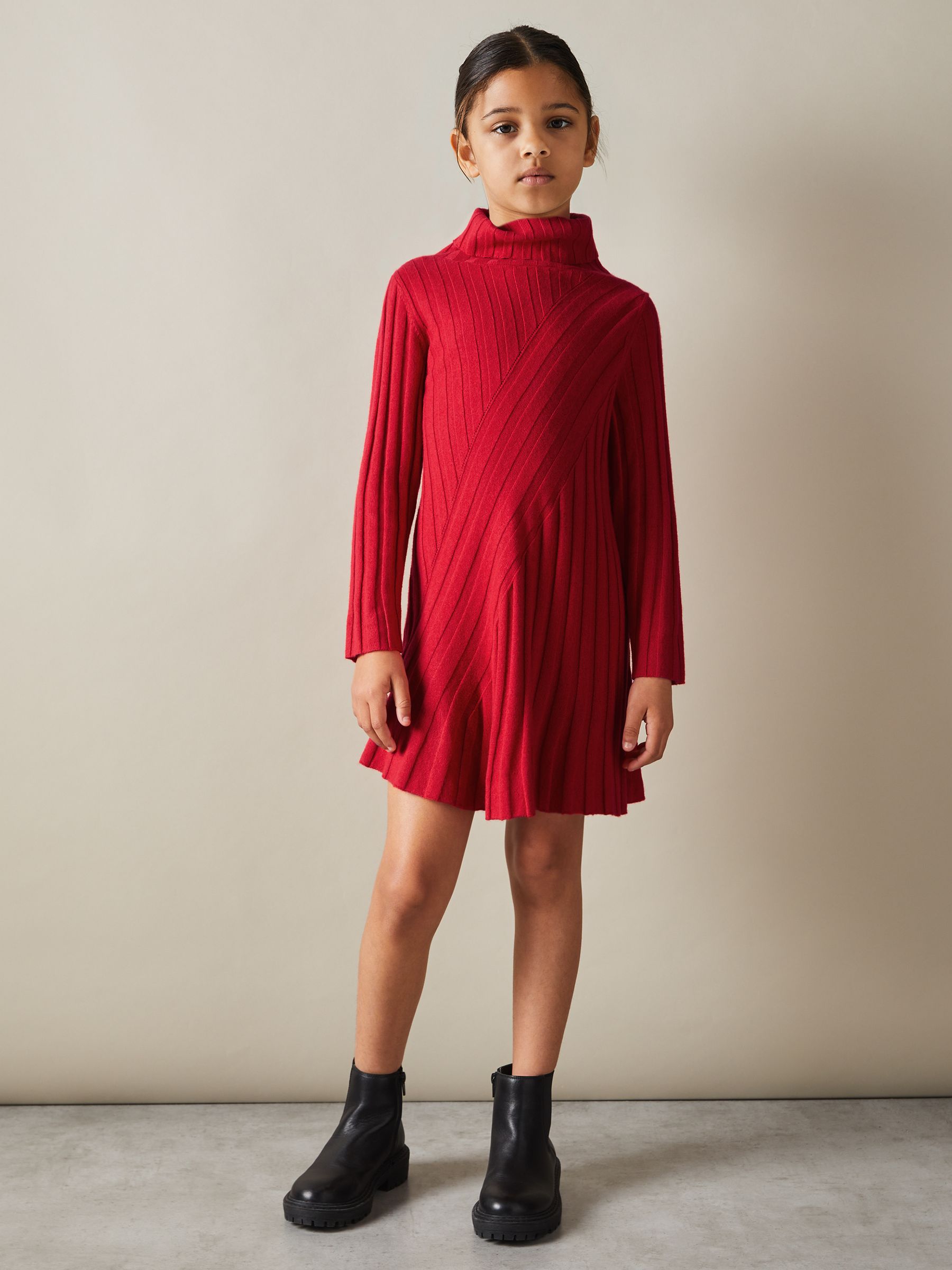 4-9 yrs Knitted Roll Neck Dress in Red