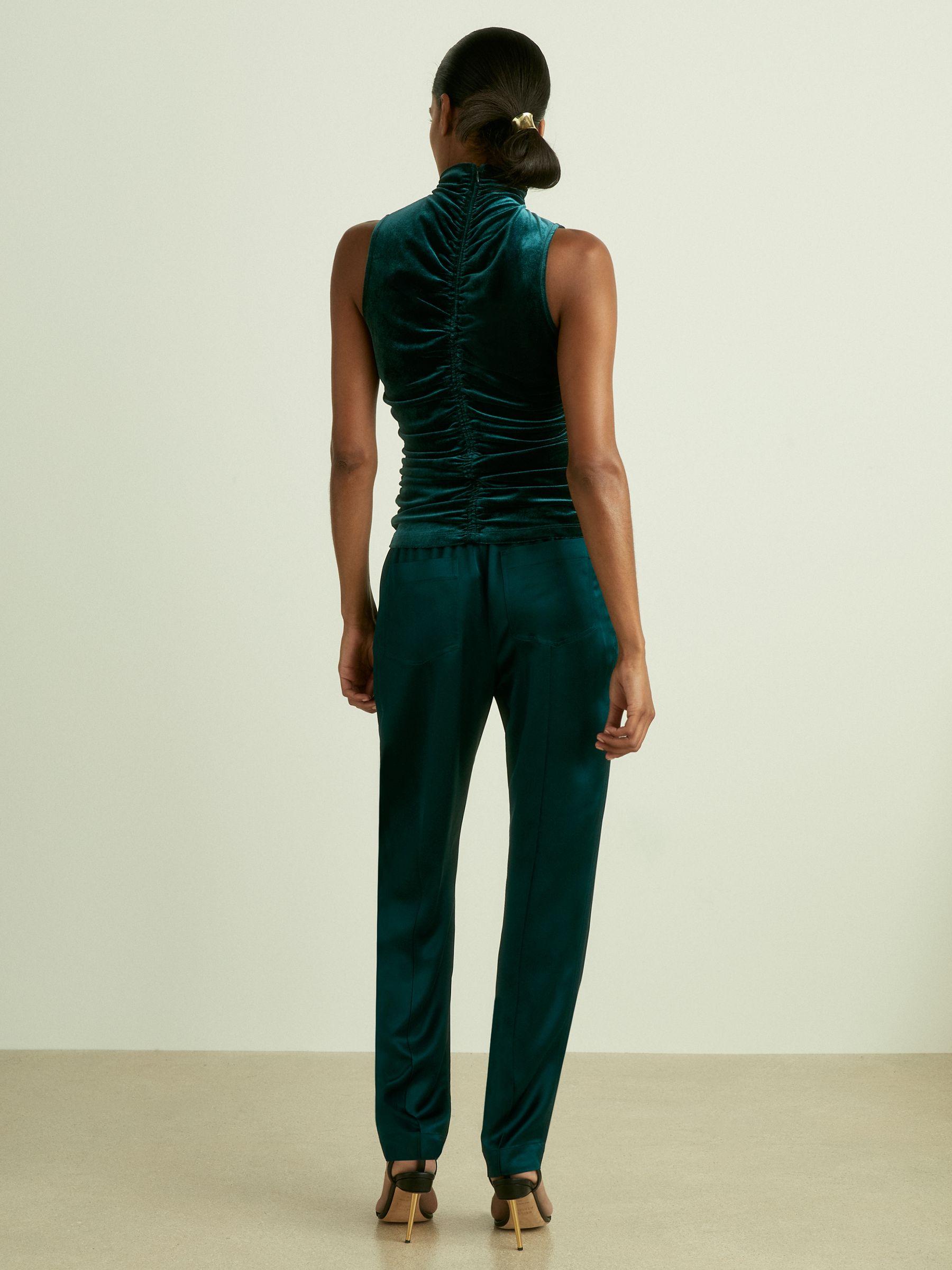 Racer-Front Ruched-Velvet Sleeveless Top in Teal