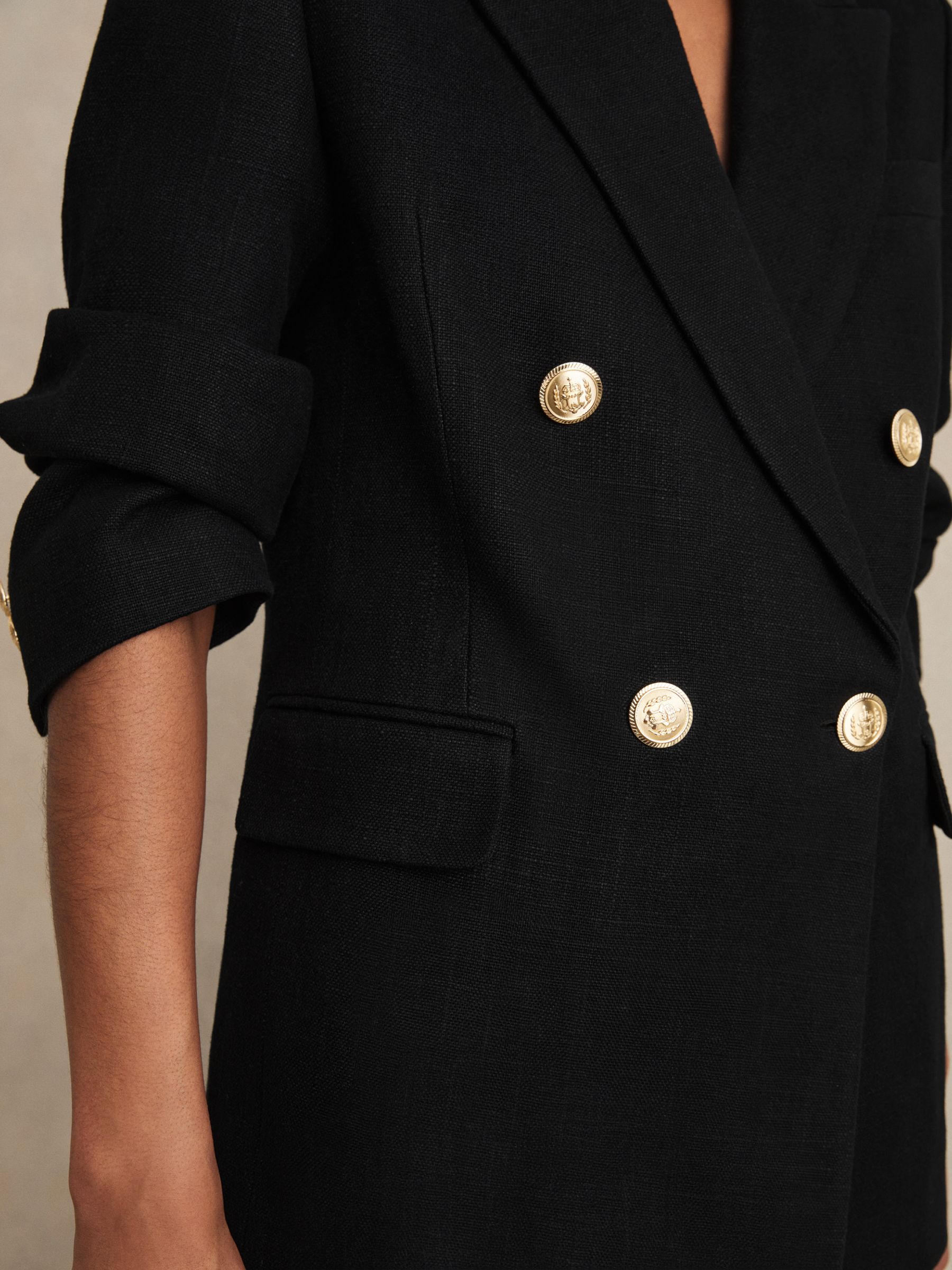 Petite Oversized Double-Breasted Blazer Linen-Blend in Black