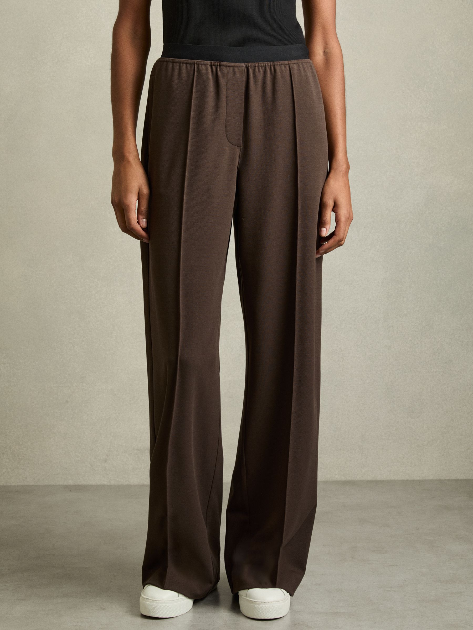 Petite Wide-Leg Elasticated-Waistband Trousers in Chocolate Brown