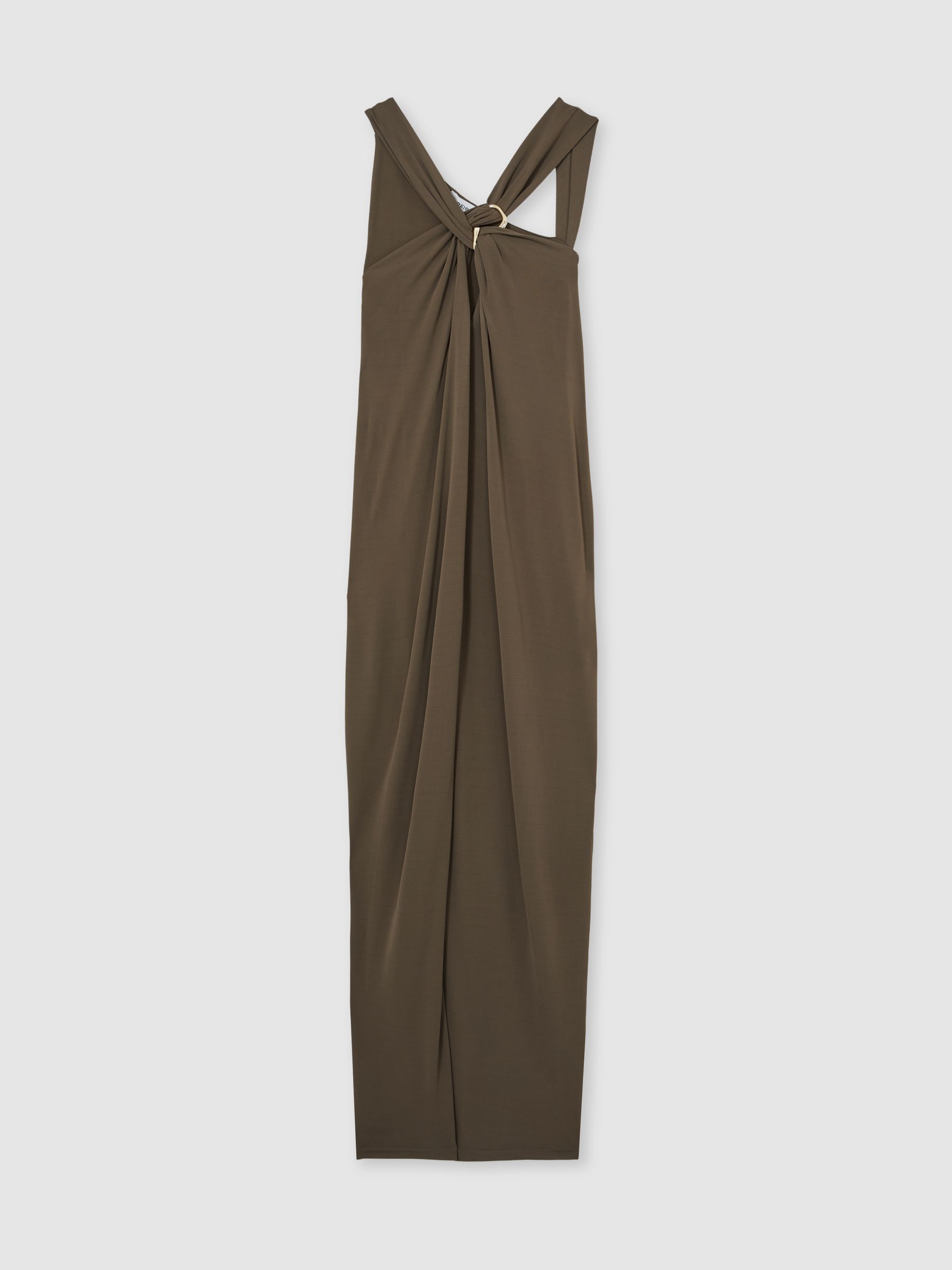 Gathered Neck Jersey Midi Dress in Mocha