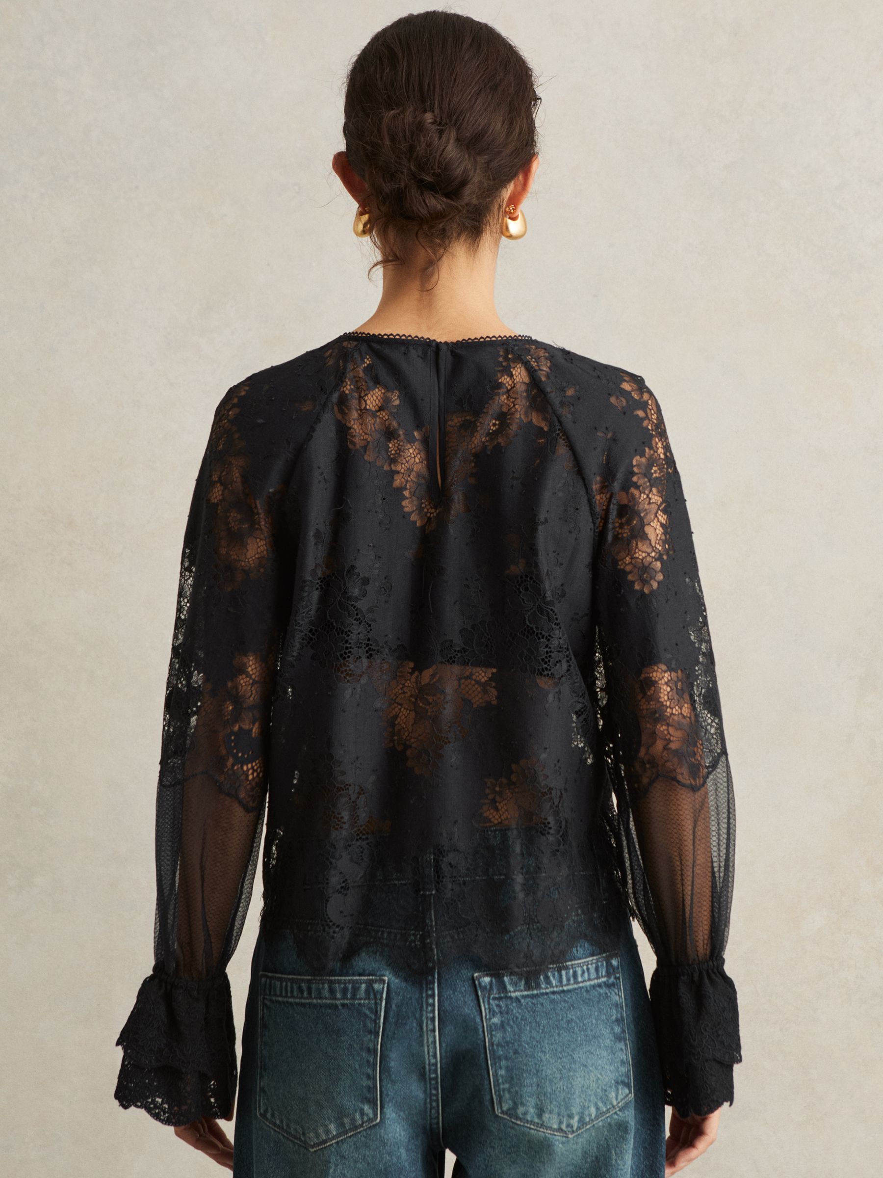 Lace Flared-Cuff Blouse in Navy