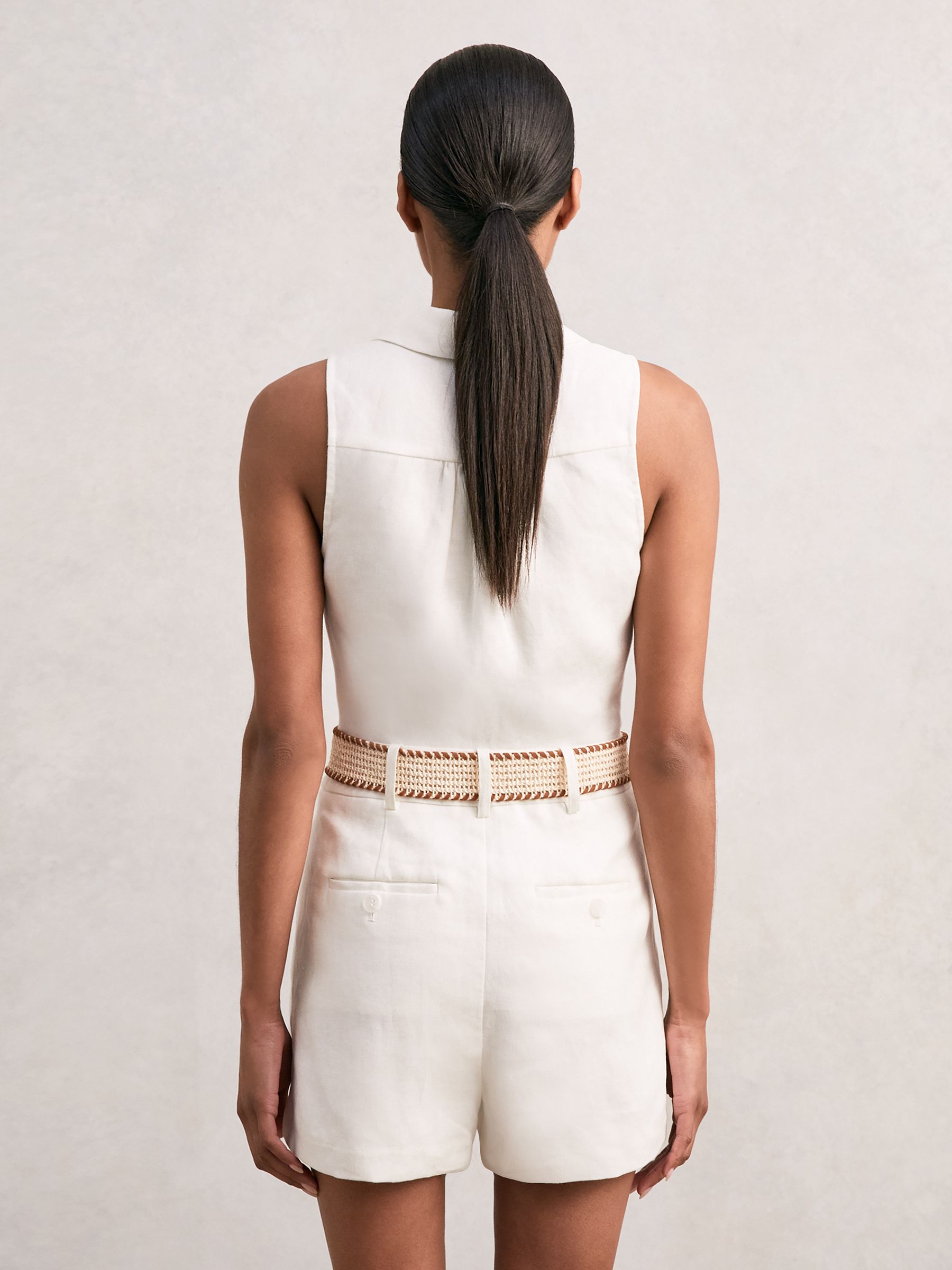 Linen Belted Sleeveless Wrap Playsuit in Cream