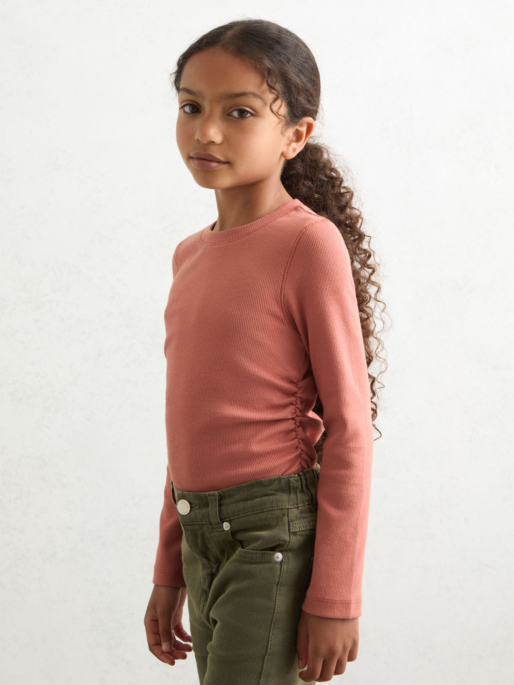 13-14 yrs Cotton Ruched Long-Sleeve T-Shirt with Stretch in Rose